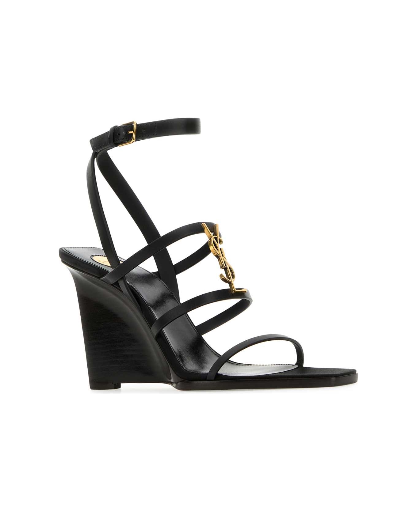 Saint Laurent Black Leather Cassandre Wedges - NERO