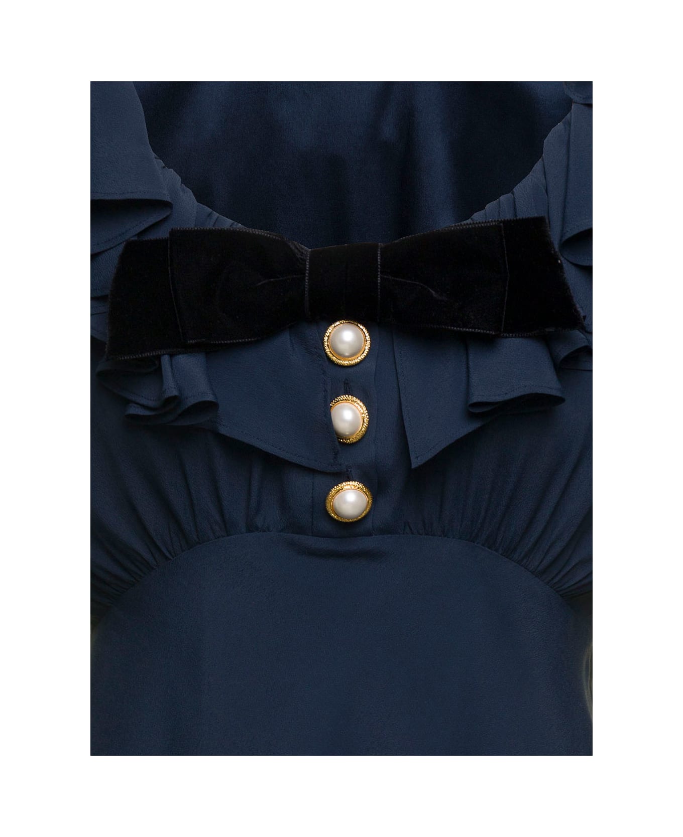 Alessandra Rich Blue Mini Dress With Volant Collar And Velvet Bow In Acette Blend Woman
