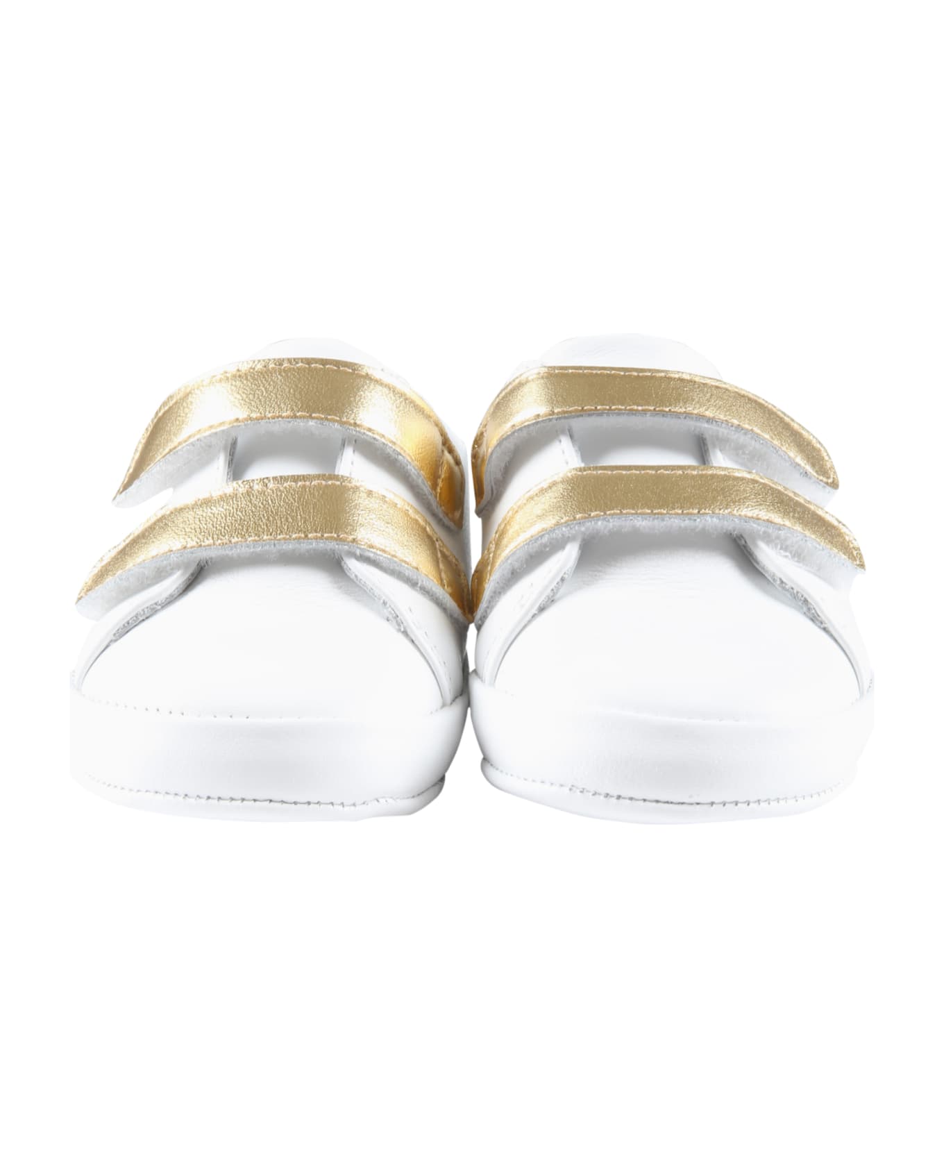 Balmain White Sneakers For Babies With Golden Logo - White
