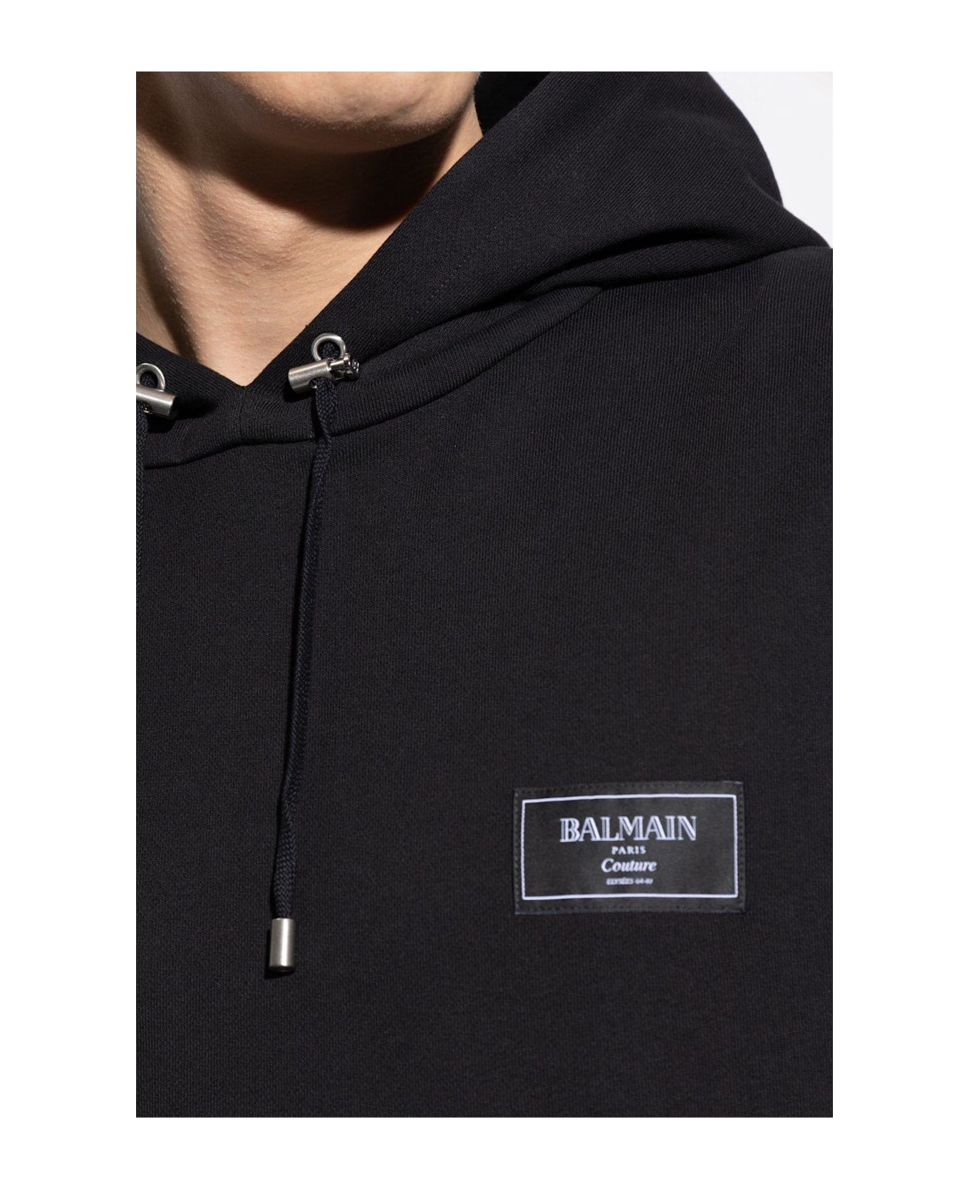 Balmain Logo Patch Drawstring Hoodie - Black