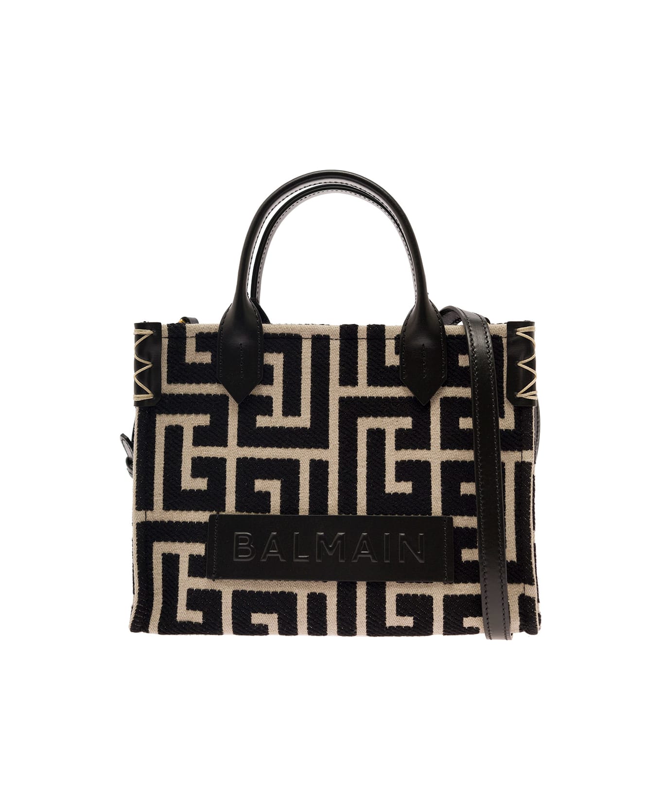Balmain 'b-army' Black And White Tote Bag With Logo Patch And Monogram In Canvas Woman - Black