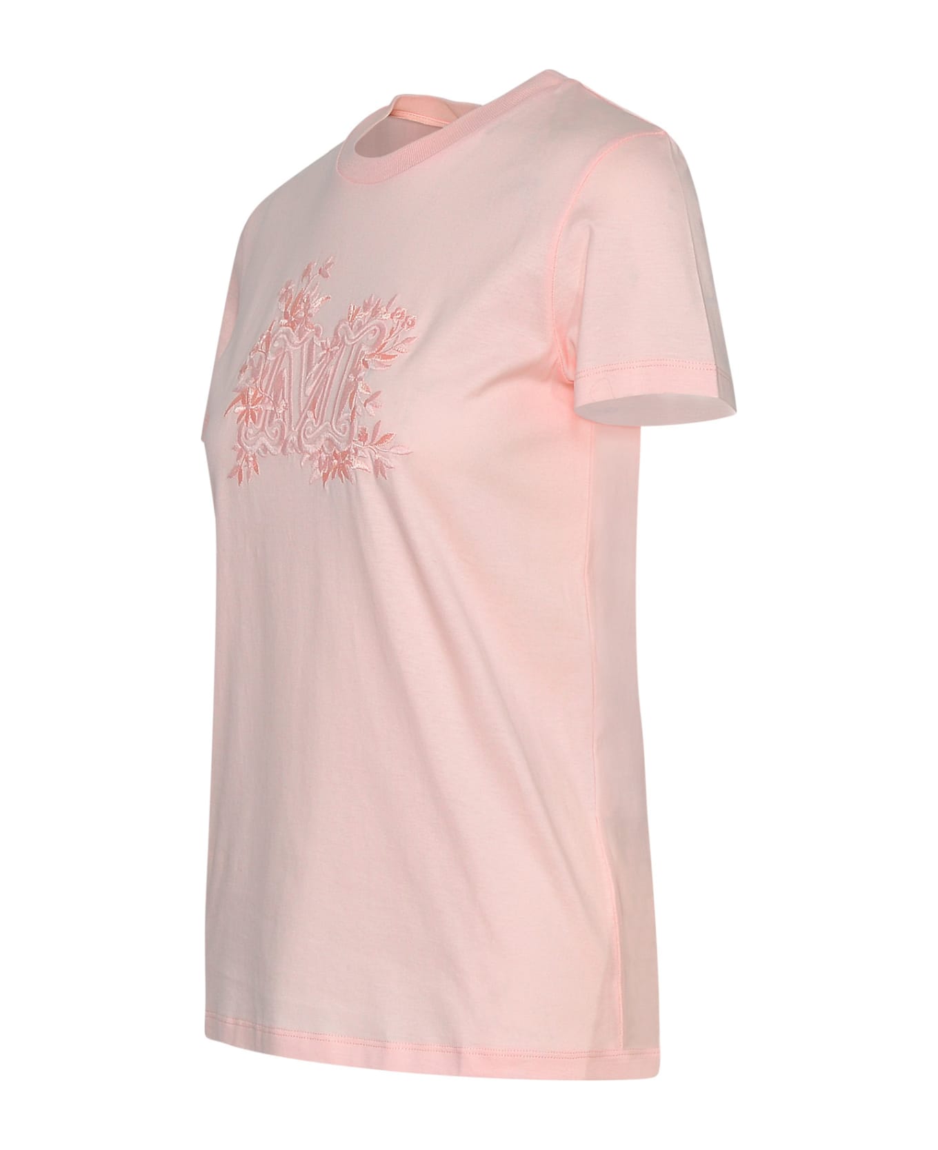 Max Mara Crew Neck T-shirt With Embroidered Logo On The Chest In Cotton - Pink