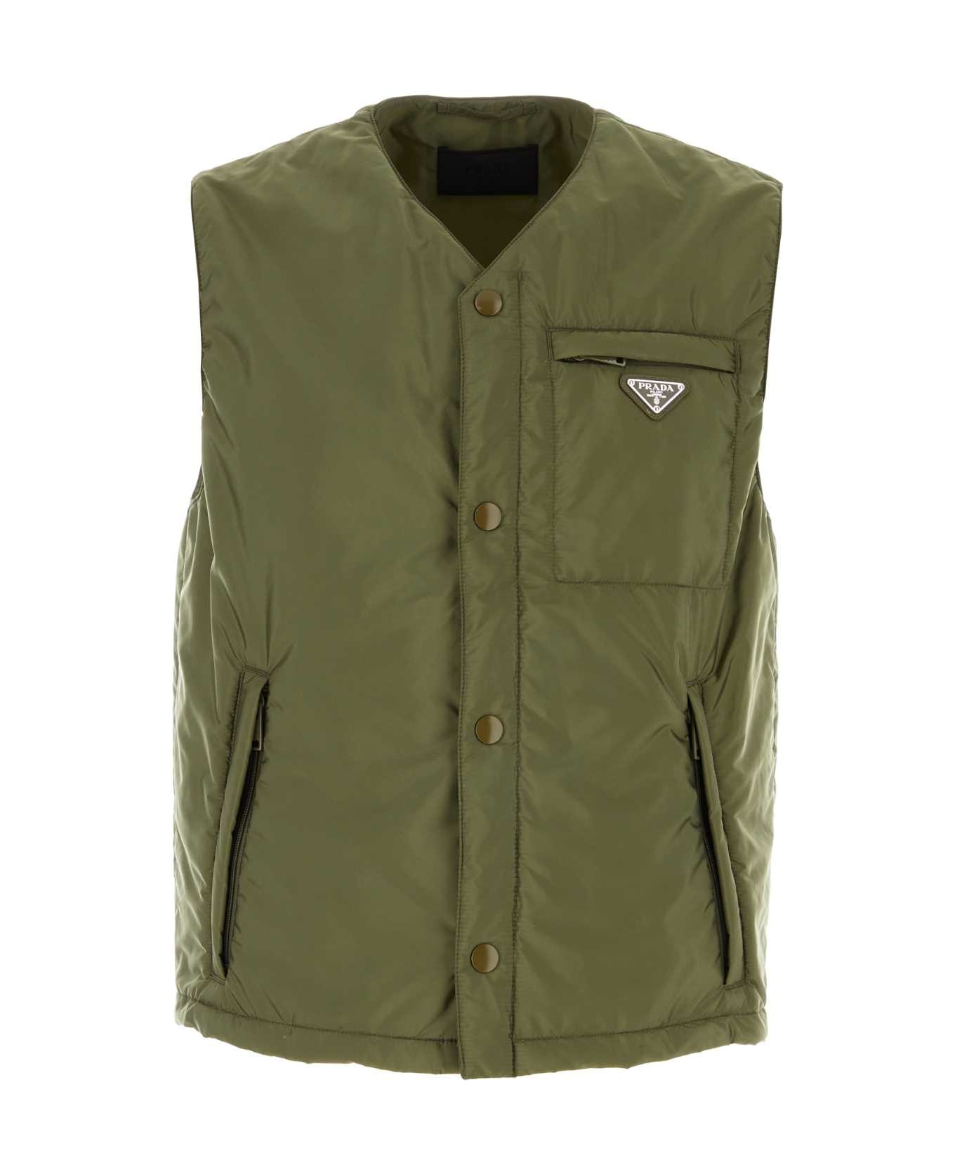 Prada Army Green Nylon Sleeveless Padded Jacket - MILITARE
