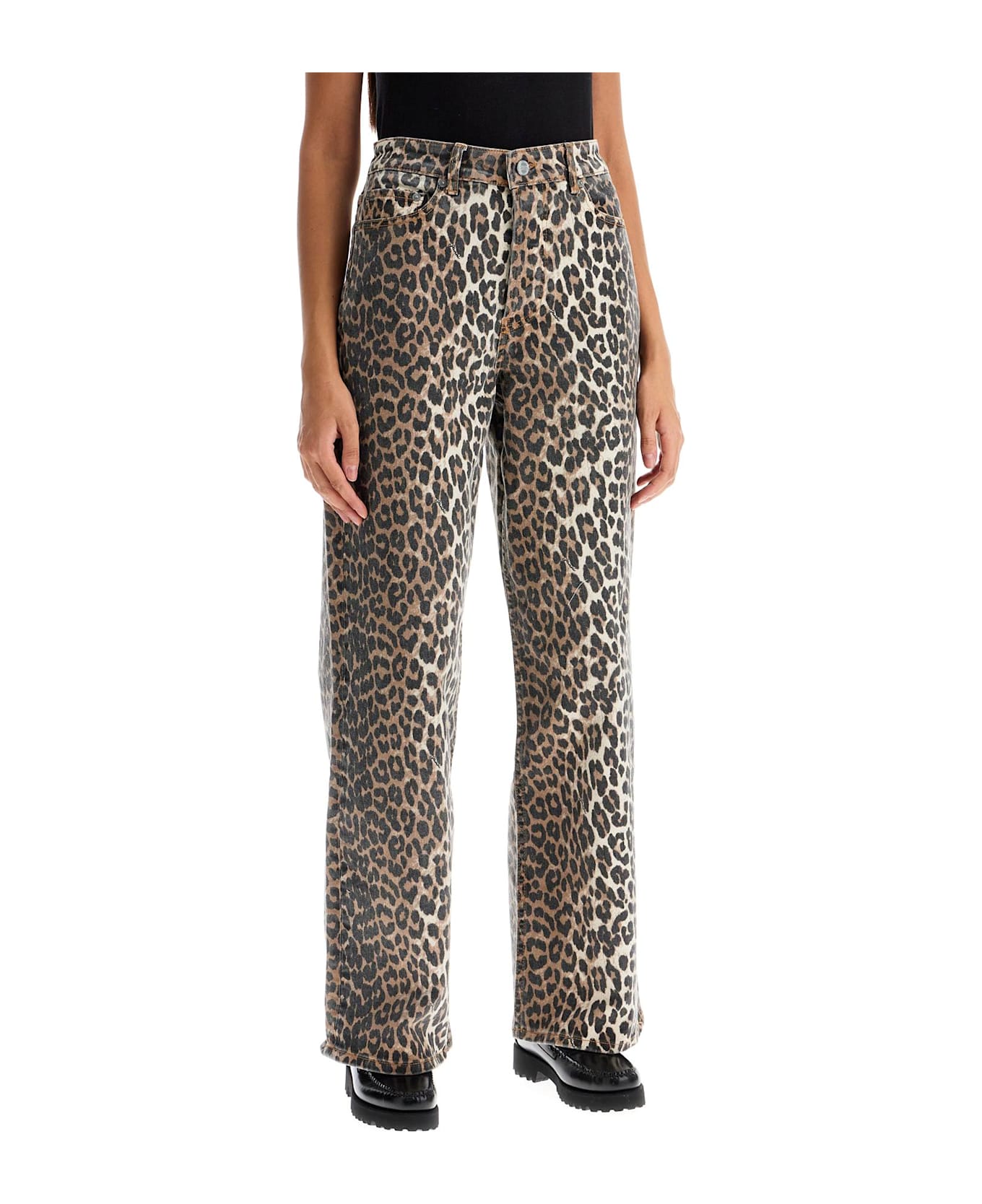 Ganni Printed Stretch Denim Wide-leg Jeans - LEOPARD
