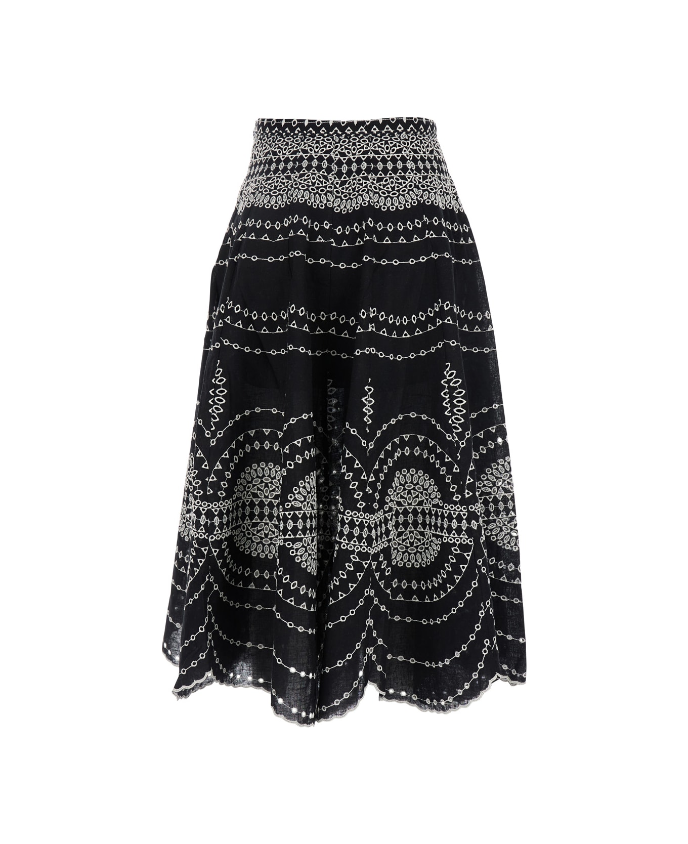 Charo Ruiz 
livvy
 Black Midi Skirt With Scallop Hem And All-over Embroidery In Cotton Nad Linen Blend Woman - Black