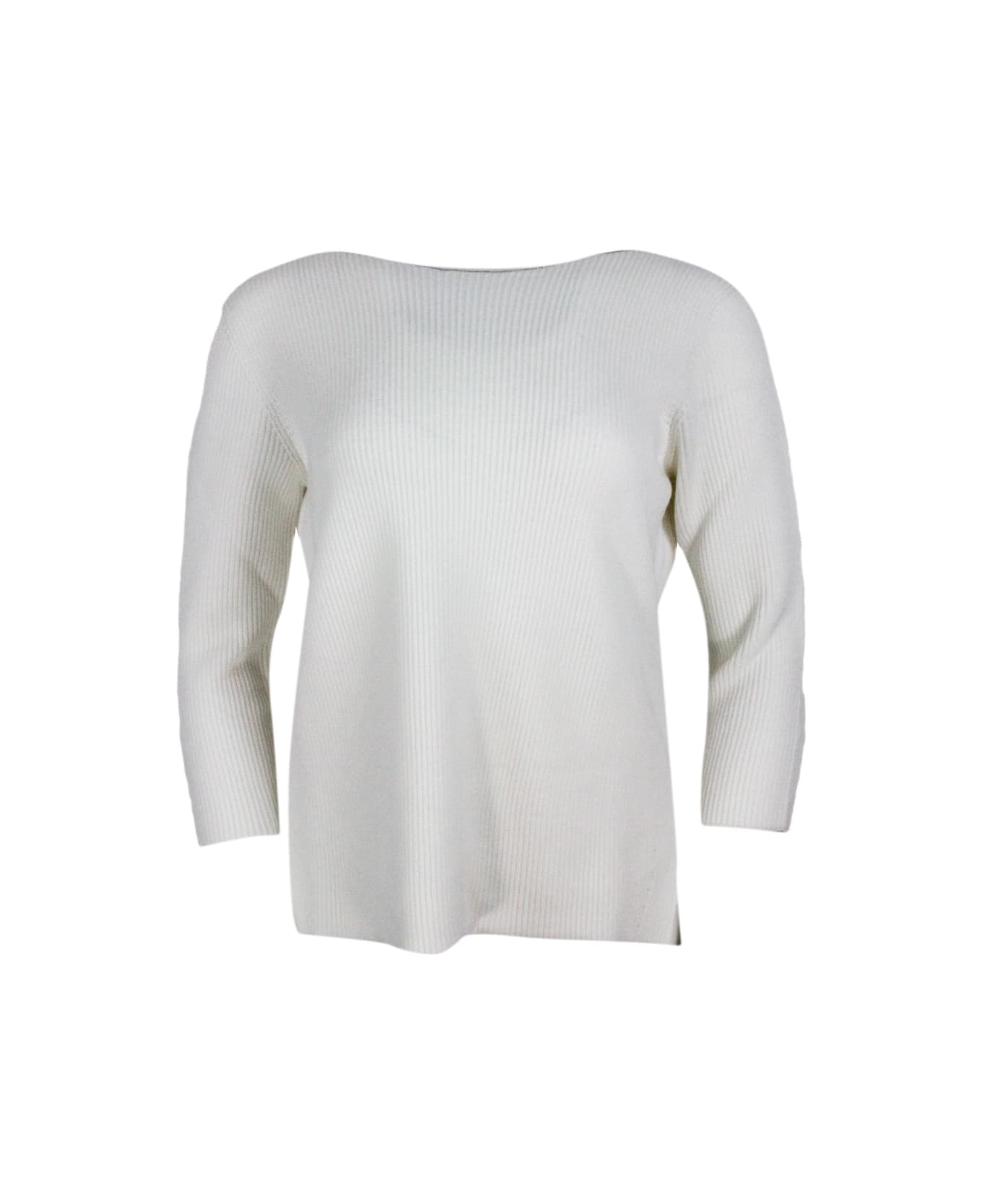 Fabiana Filippi Long-sleeved Boat-neck Sweater In Wool And Cotton Embellished With Brilliant Monili On The Neck - White ニットウェア