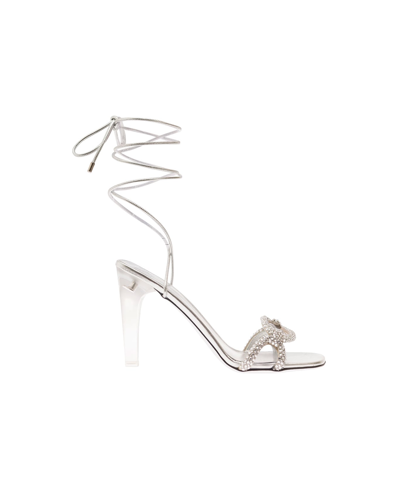 Valentino Garavani 'chain 1967' Silver Sandal With Laces And Trasparent Heel In Metallic Nappa Leather Woman - Metallic