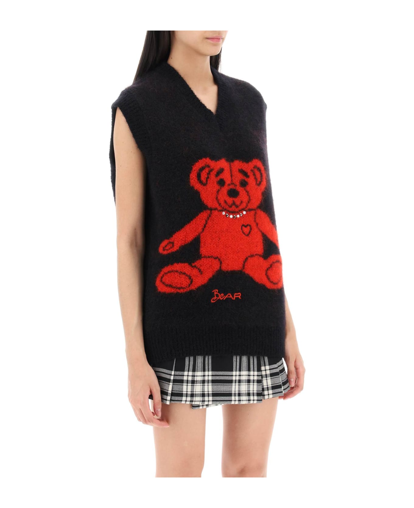 Alessandra Rich Vest In Jacquard Knit With Bear Motif And Appliques - Black