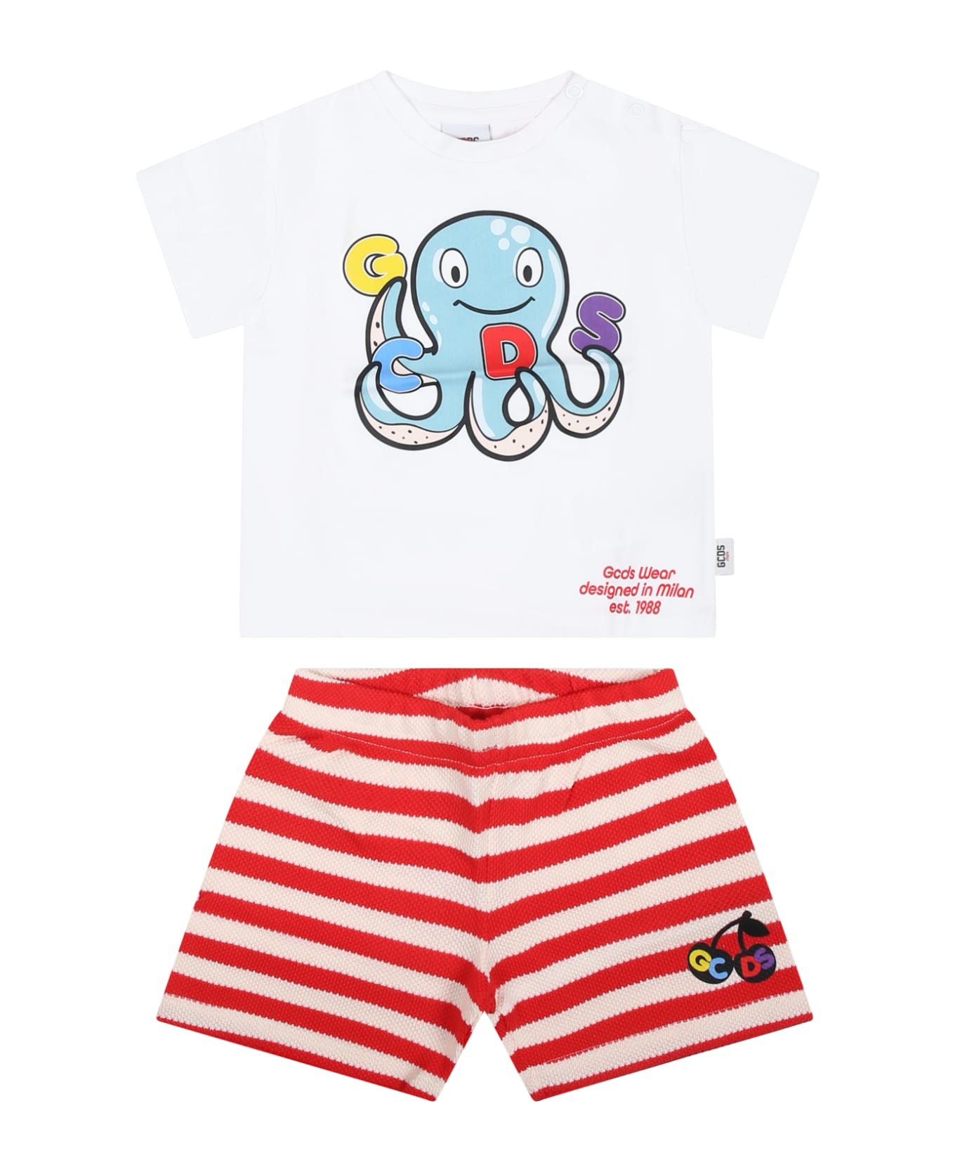 GCDS Mini Striped Baby Boy Set With Octopus - White ボトムス