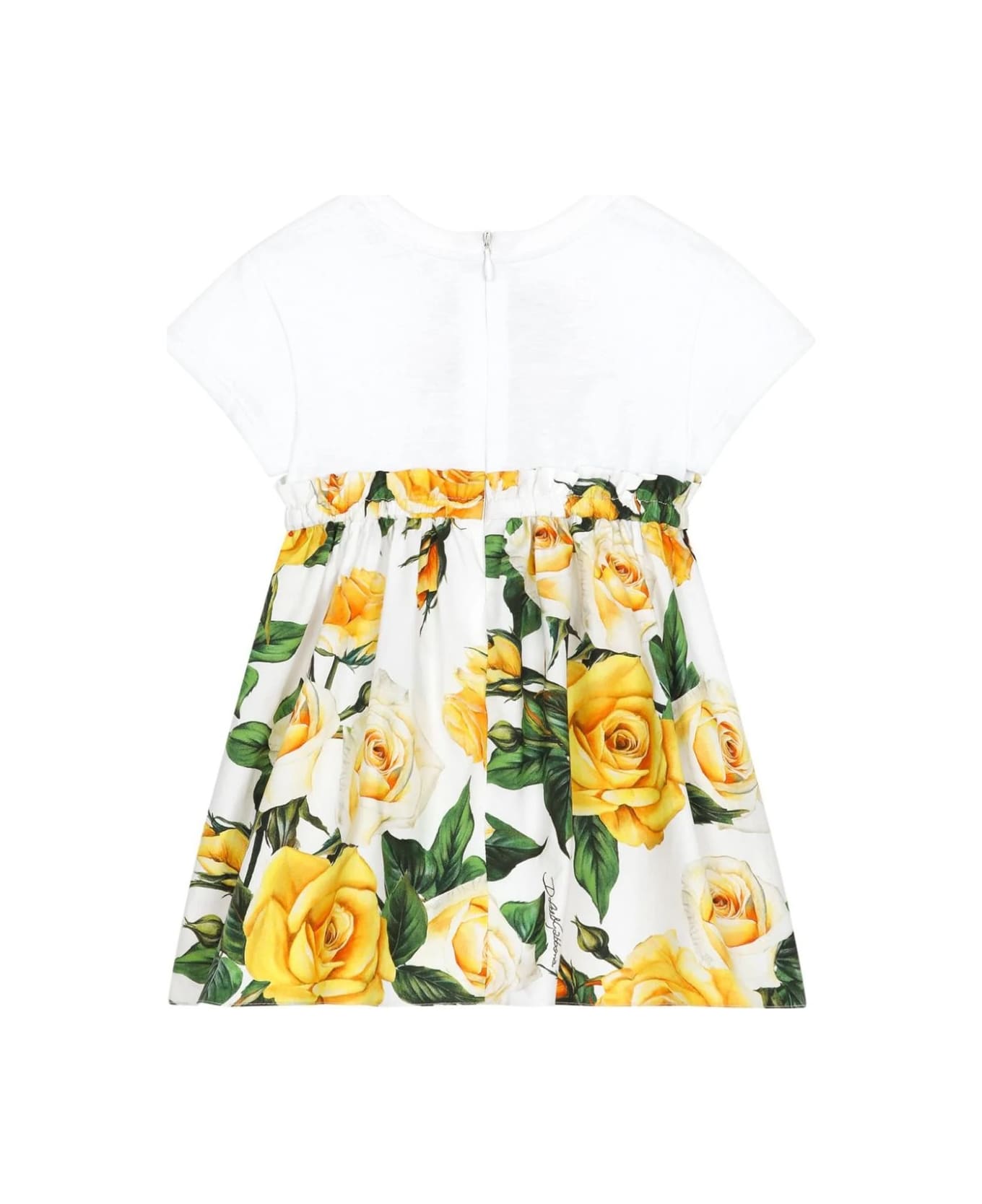 Dolce & Gabbana Jersey And Poplin Dress With Dg Logo And Yellow Rose Print - White ワンピース＆ドレス