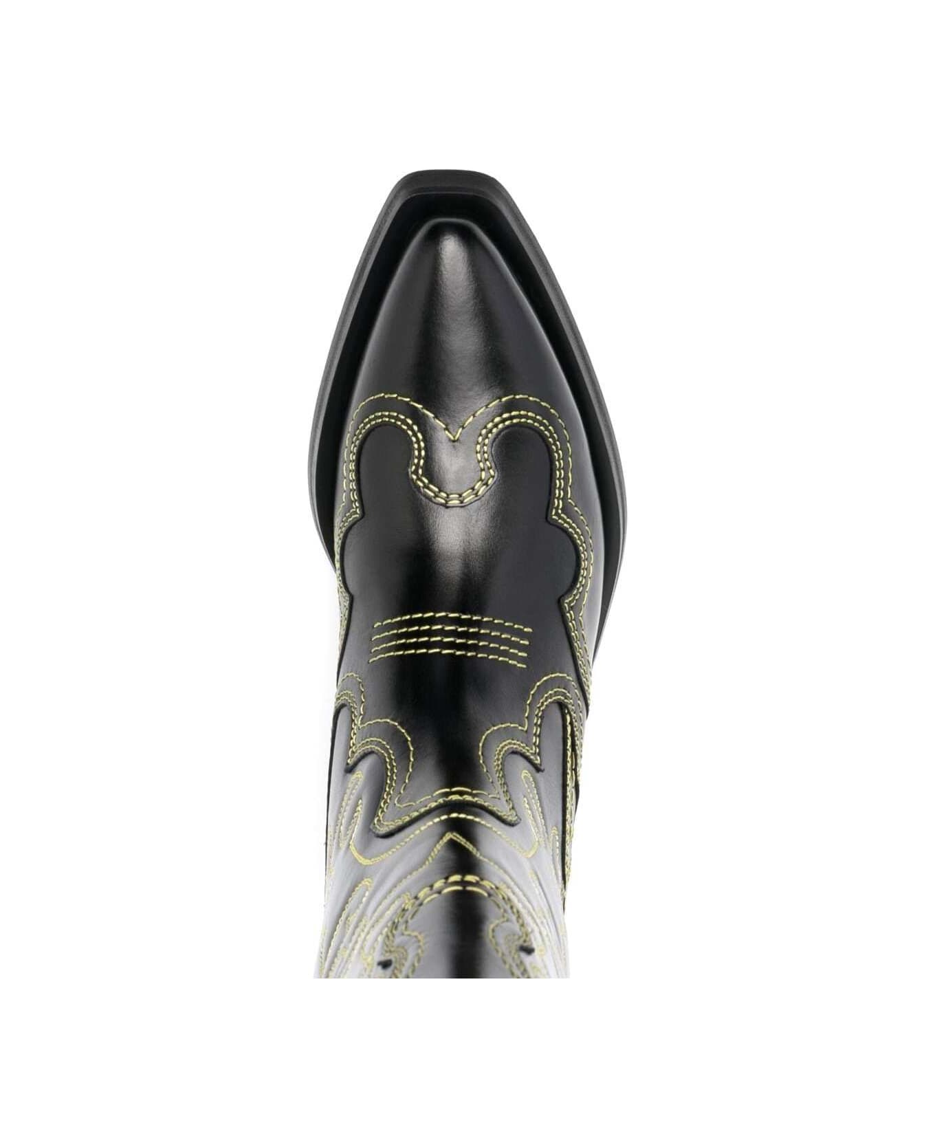 Ganni Black 'cowboy' Boots With Contrasting Embroidered Stitching In Leather Woman - Black