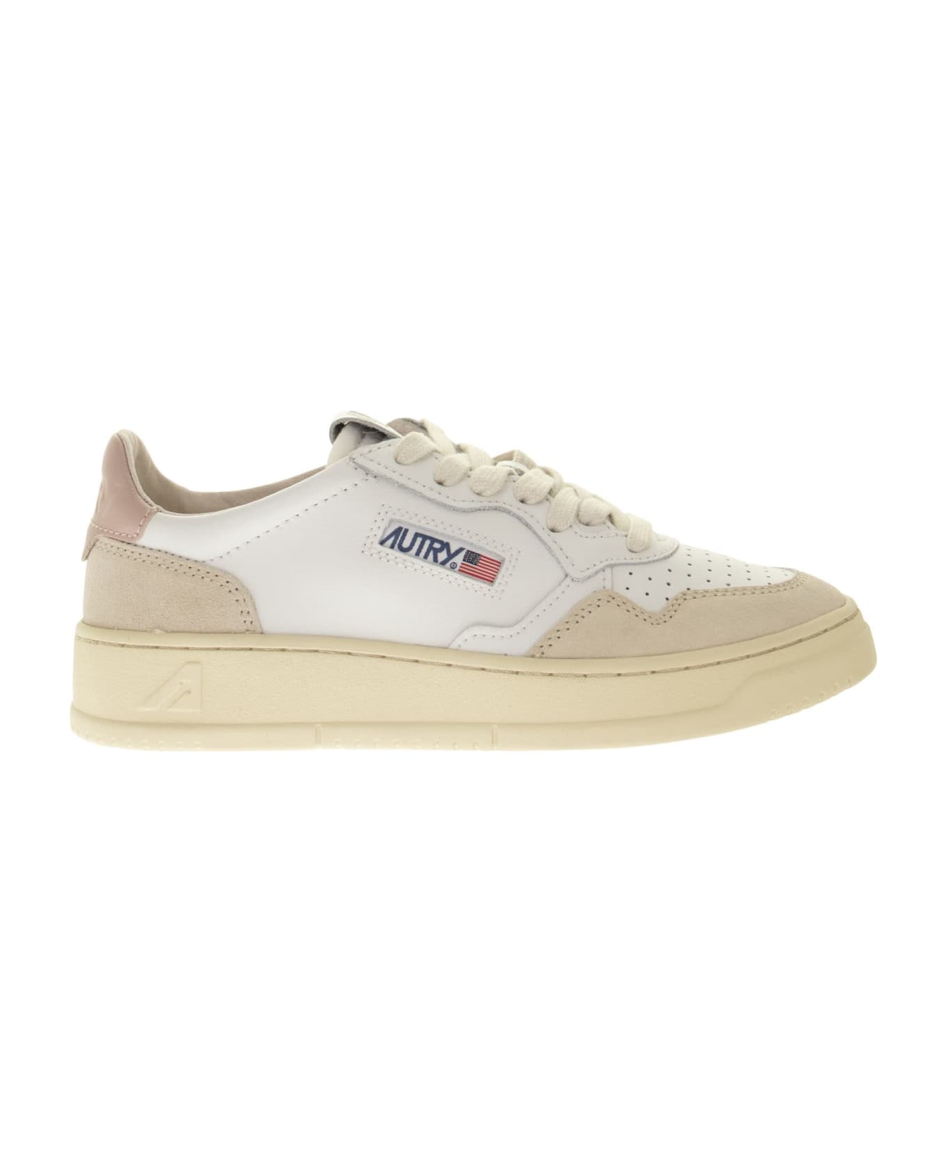 Autry Medalist Low - Leather And Suede Sneakers - White/pink/beige