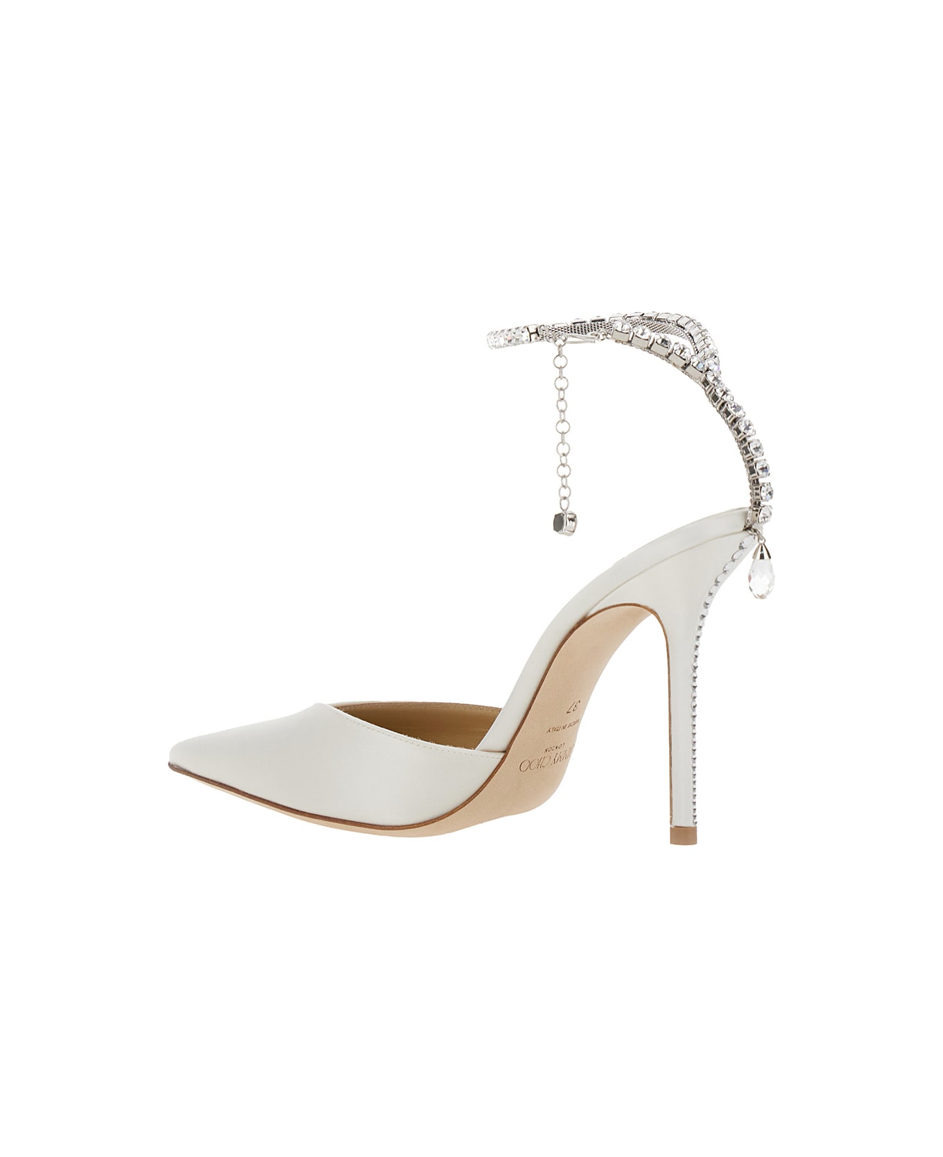 Jimmy Choo 'saeda' White Pointed And Closed Toe Sandals With Rhinestone Chain In Leather Woman - White