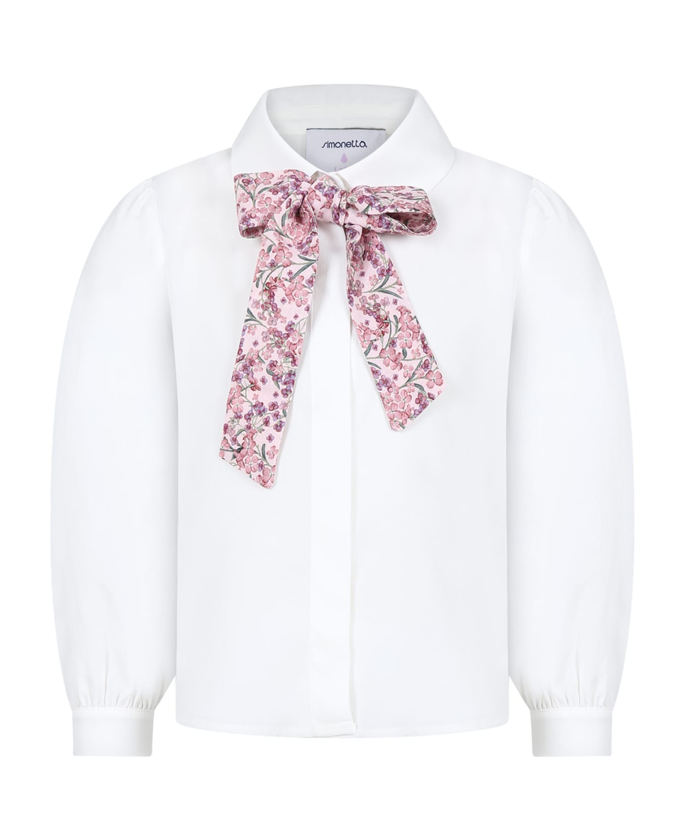 Simonetta White Shirt For Girl With Bow - ivory/pink シャツ