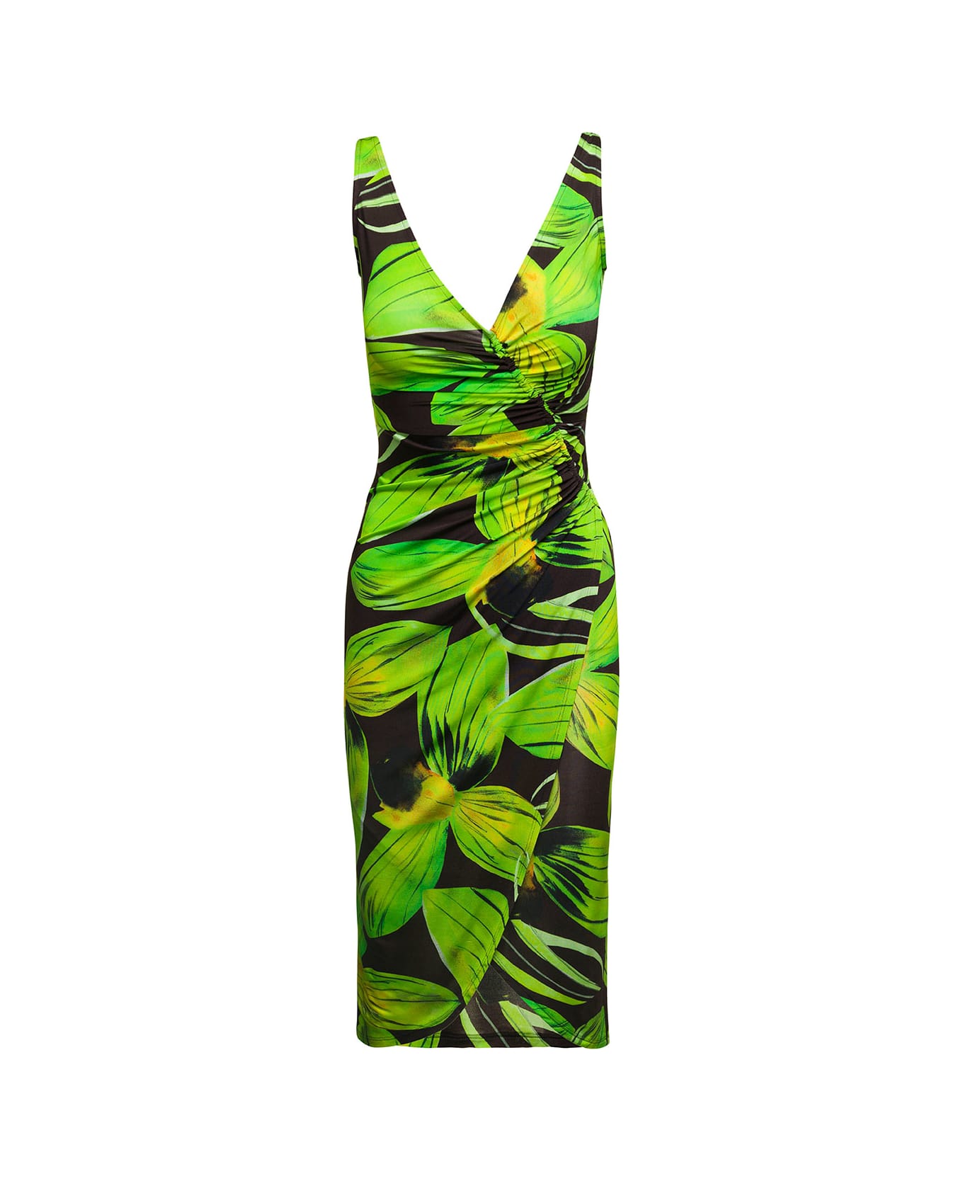 Louisa Ballou Summer Solstice Midi Dress V Neck Sleeveless Foliage Print All-over In Viscose Woman - Multicolor