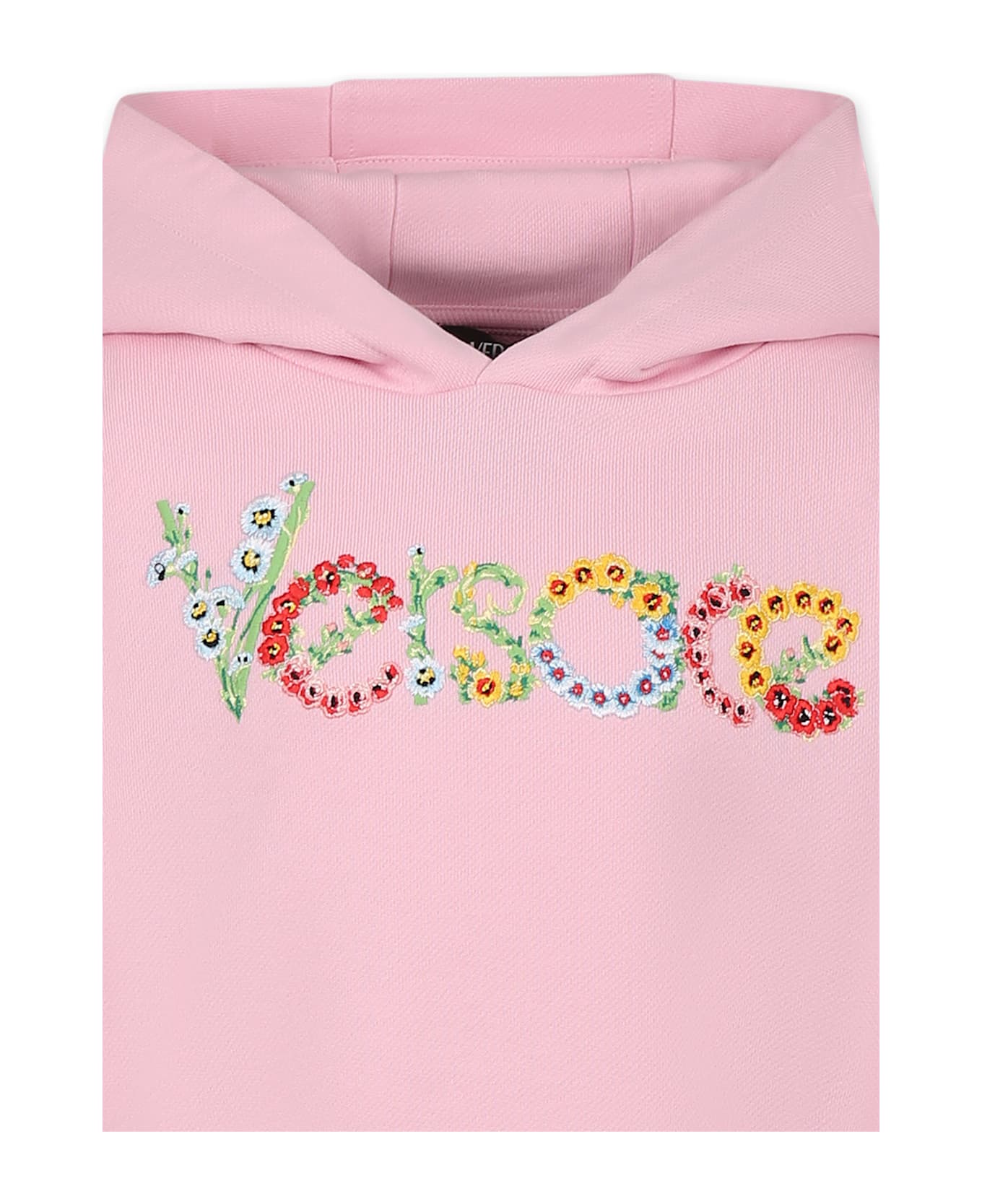 Versace Pink Crop Sweatshirt For Girl With Embroidered Flower Logo - Pink