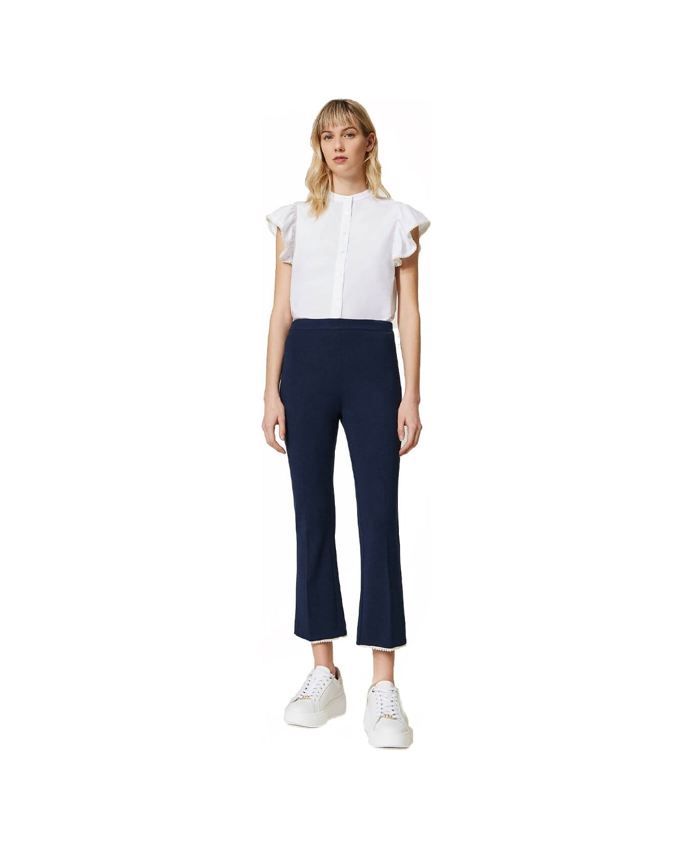 TwinSet Blue Cropped Trousers With Pearls - Blue ボトムス