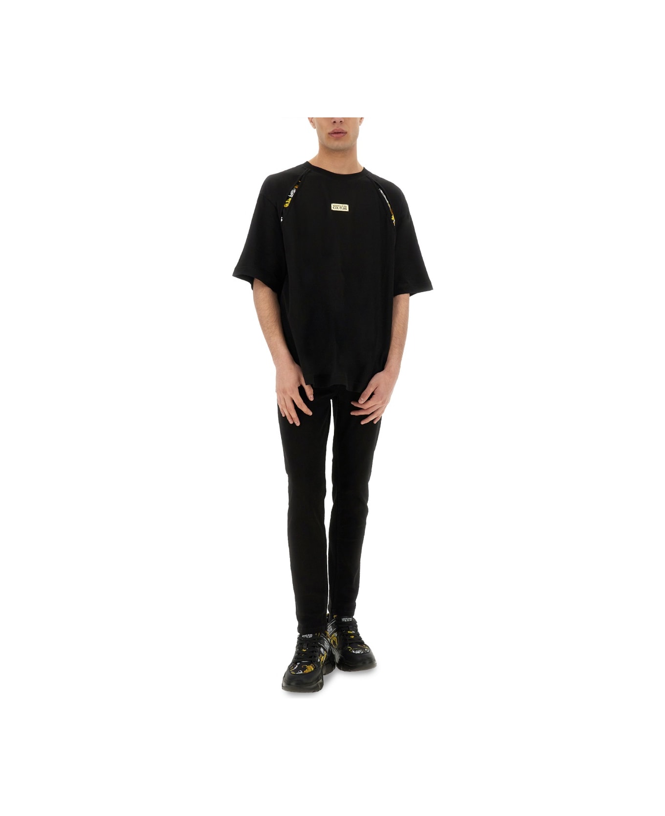 Versace Jeans Couture T-shirt With Baroque Outline Inserts - BLACK