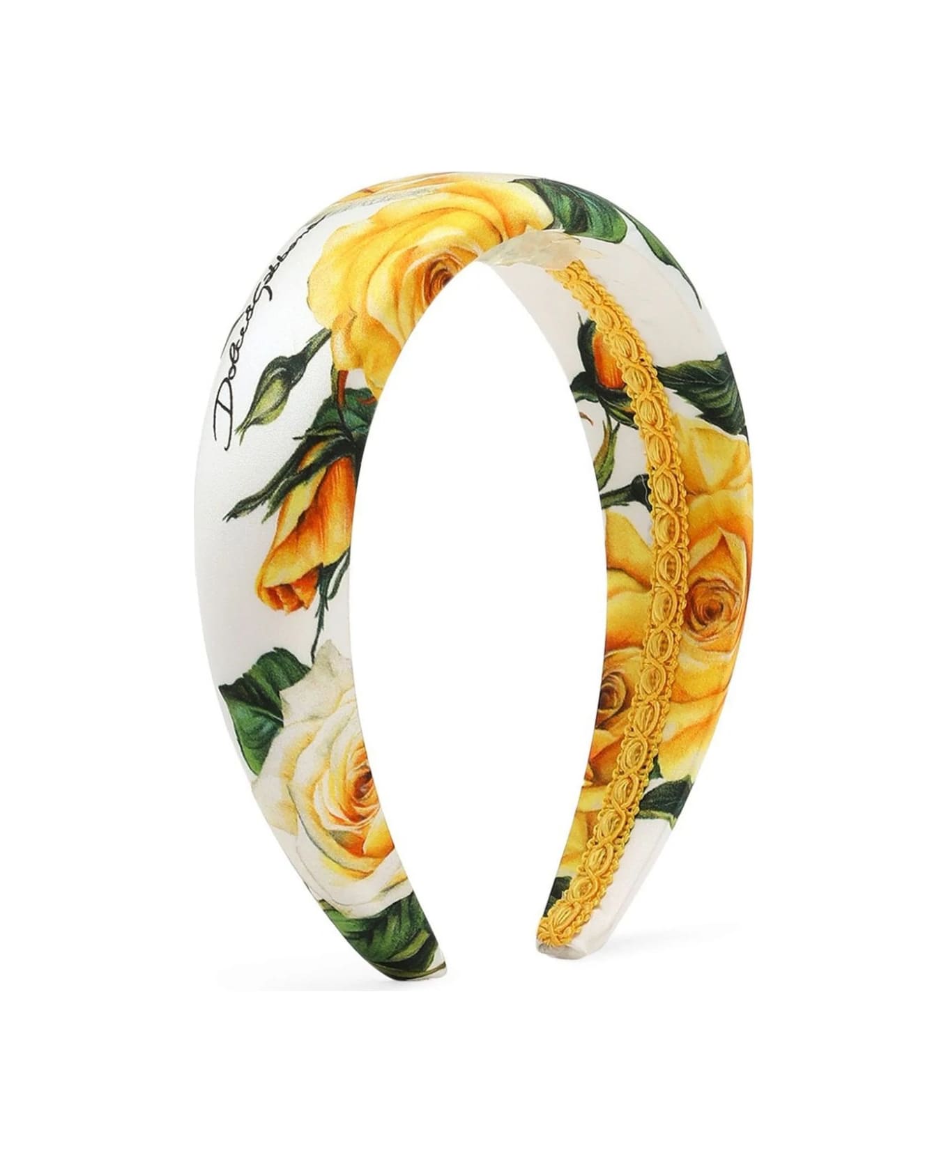 Dolce & Gabbana Satin Headband With Yellow Rose Print - Yellow