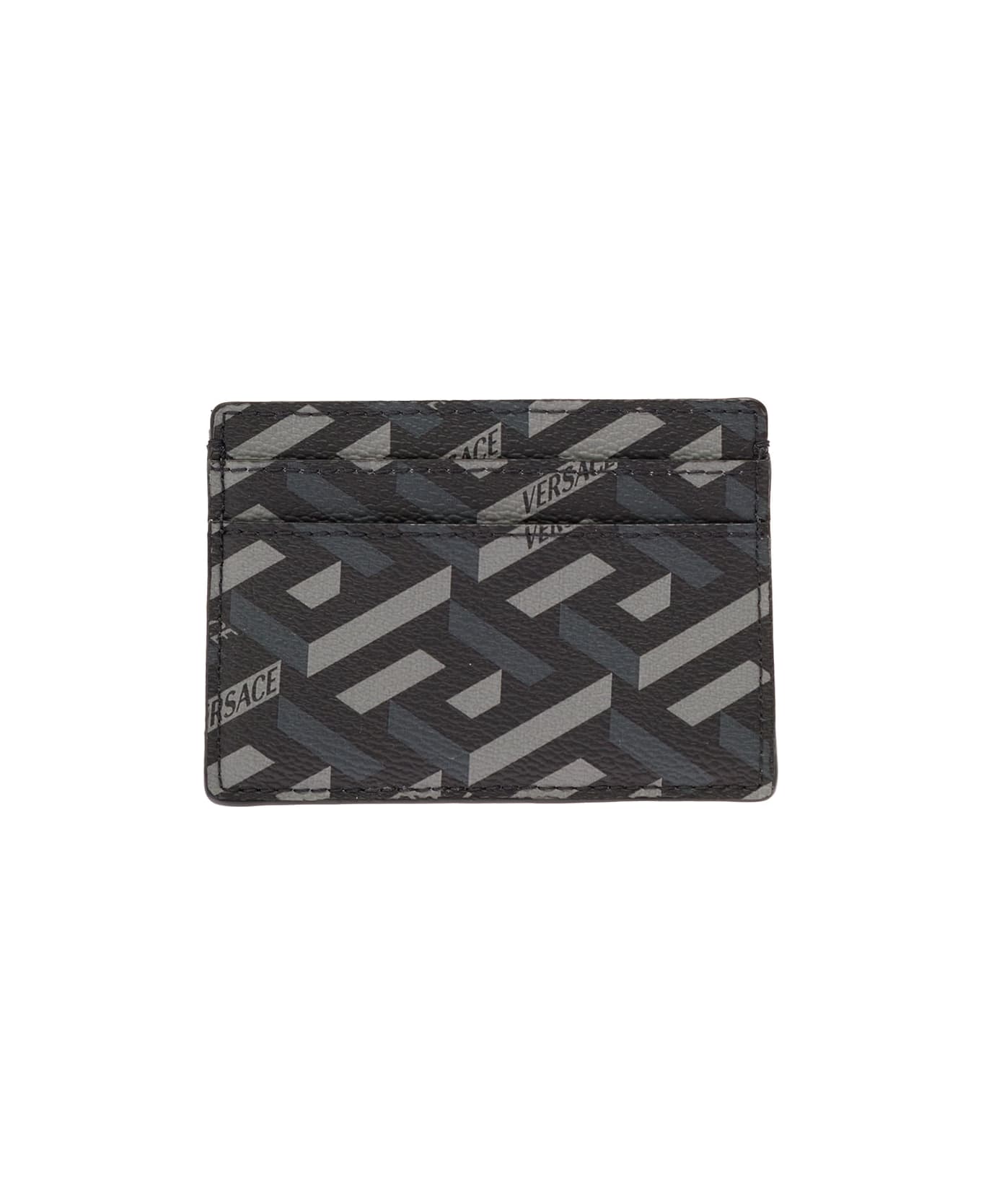 Versace Gray And Black Cardholder In Leather With  Allover Greek Signatur Pattern Print Versace Man - Grey