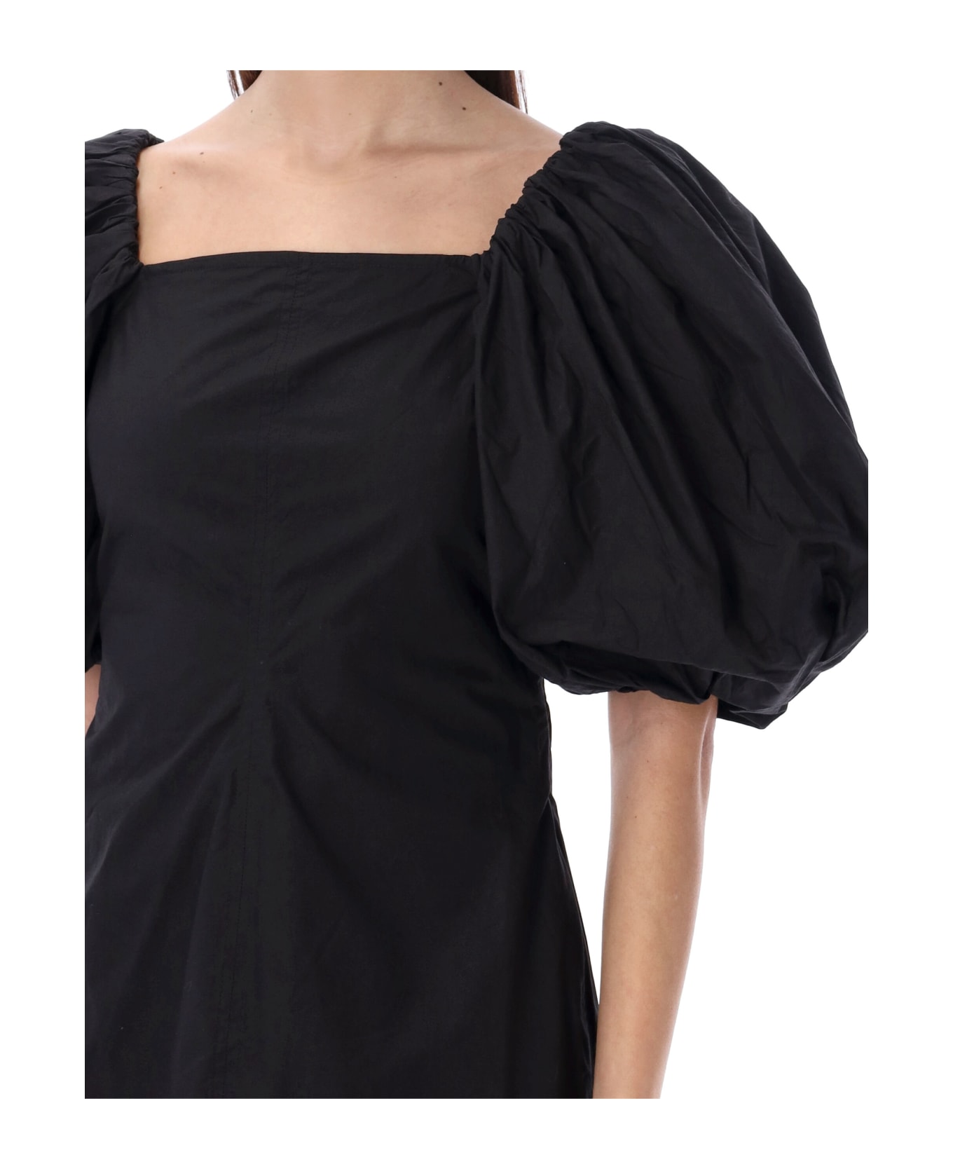 Ganni Poplin Puff Sleeves Mini Dress - BLACK