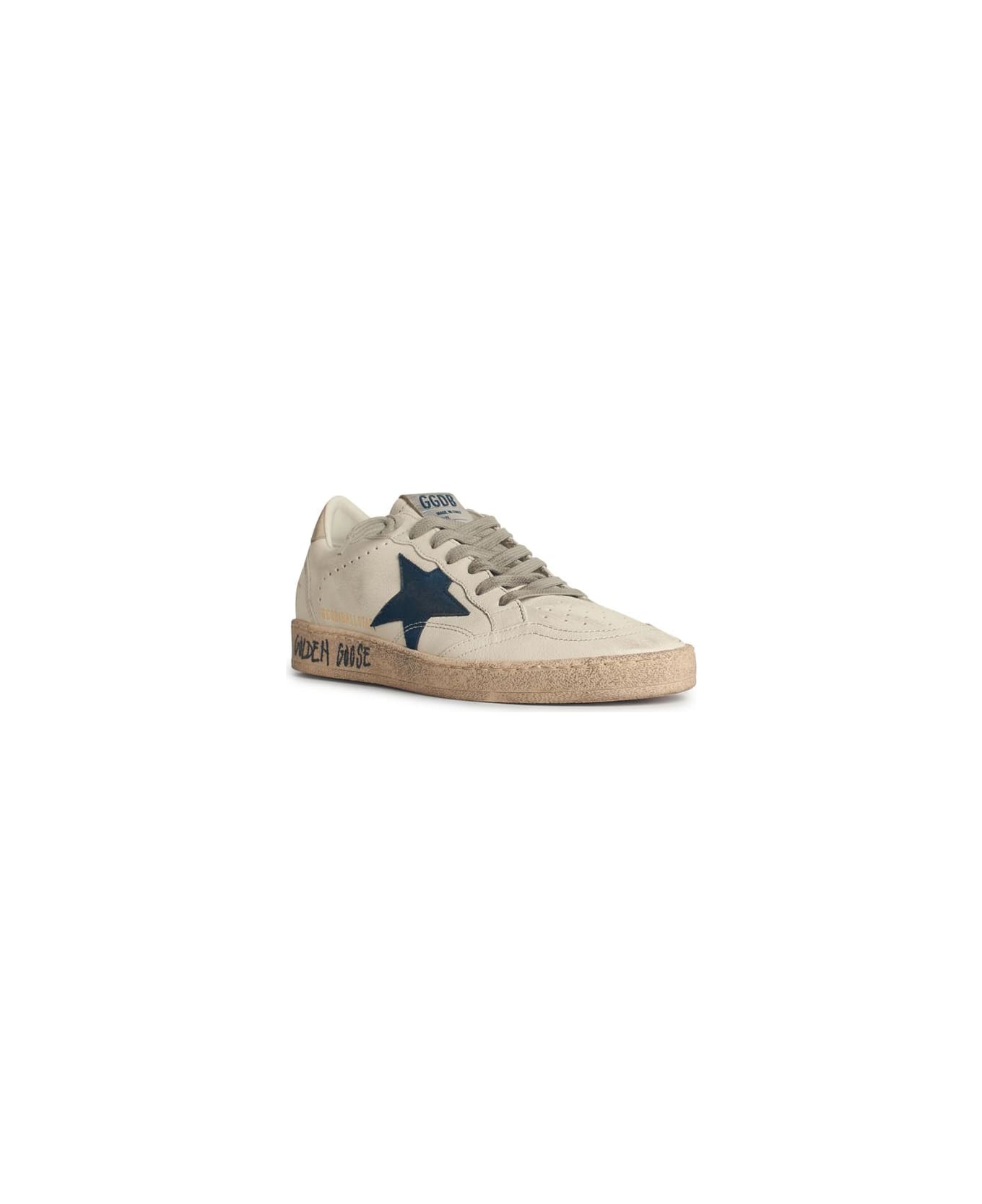 Golden Goose White Leather Ball-star With Blue Suede Star And Ivory Heel - White