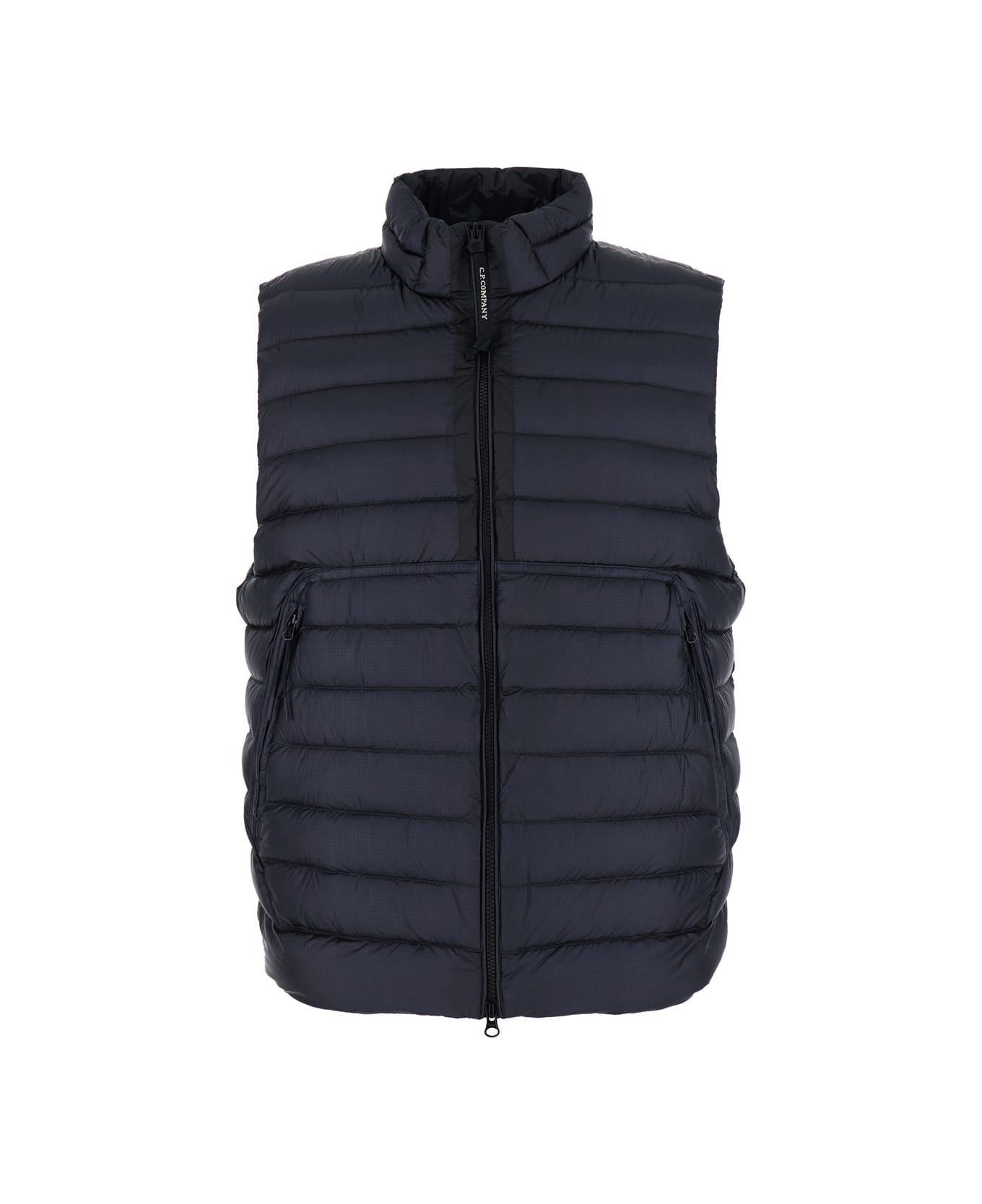 C.P. Company Blue Vest With Mock Neck And Logo Plaque On The Side In Tech Fabric Man - Blu
