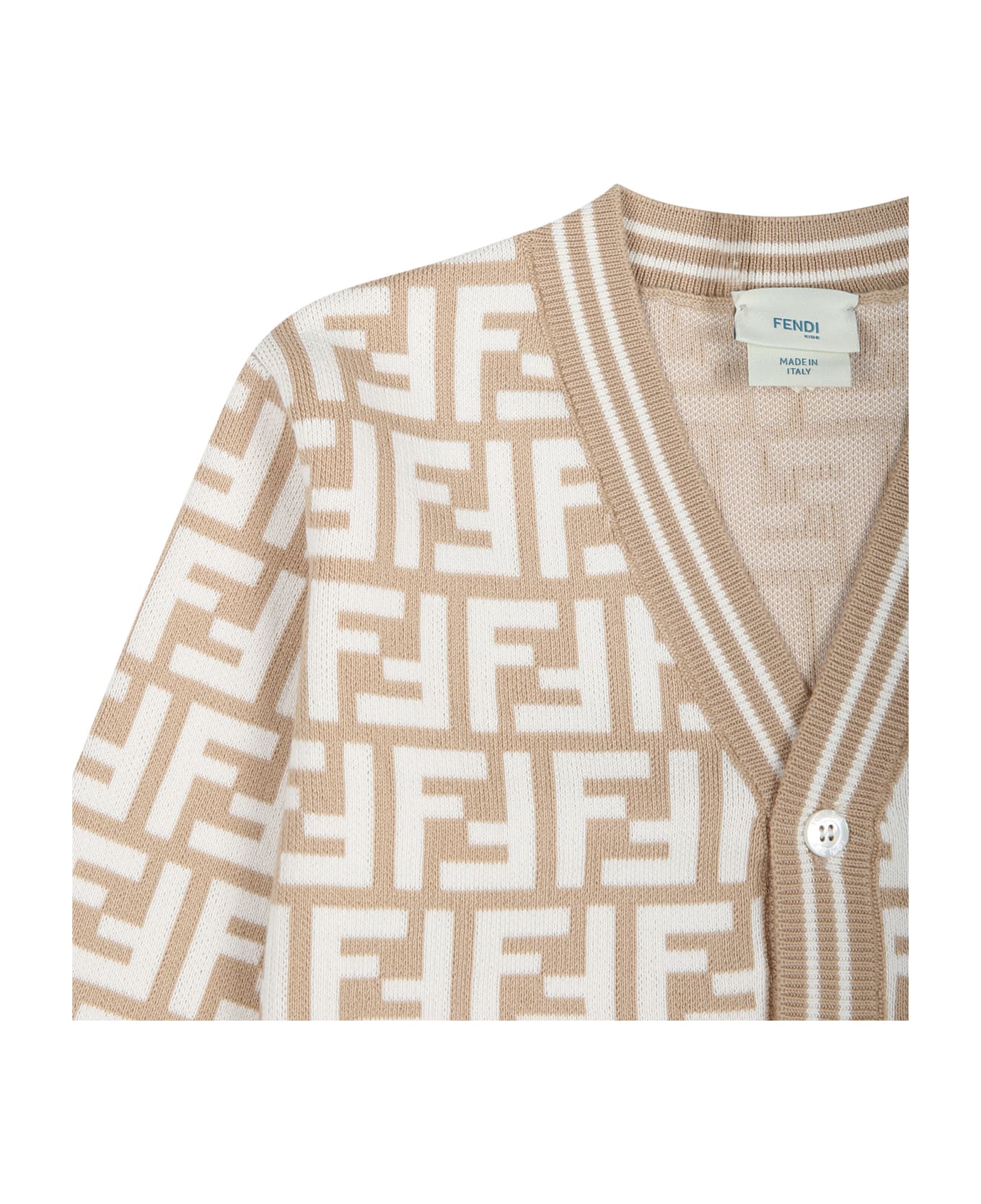Fendi Beige Cardigan For Babykids With Iconic Ff - Beige ニットウェア＆スウェットシャツ