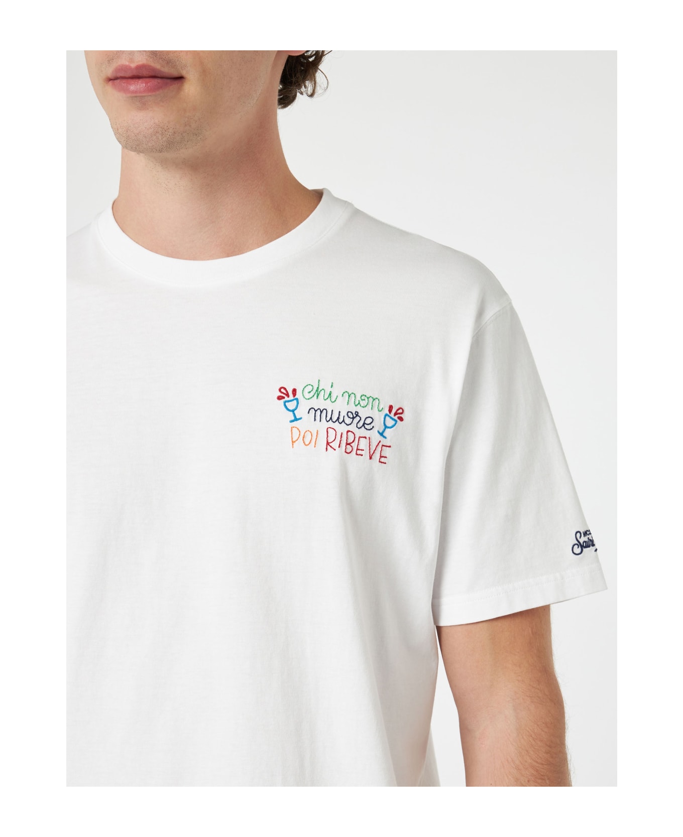 MC2 Saint Barth Man Classic Fit Cotton Jersey T-shirt Portofino With Chi Non Muore Poi Ribeve Embroidery | Insulti Luminosi Special Edition - WHITE