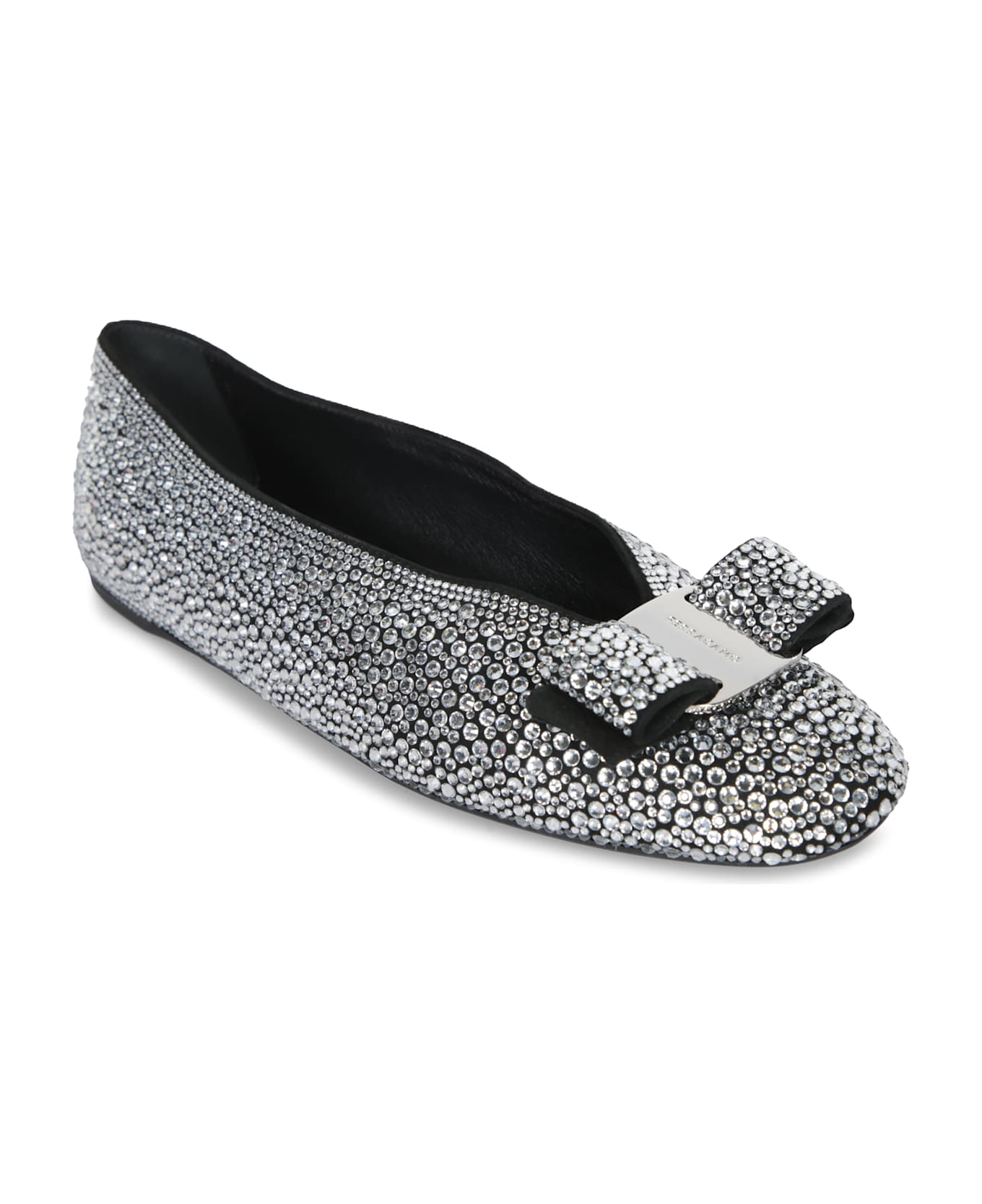 Ferragamo New Vara Suede Crystals Black Ballerina - Black