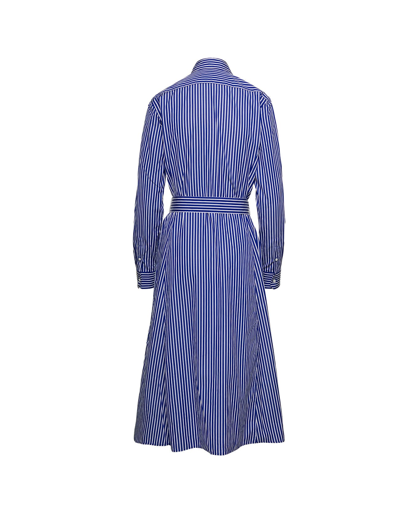 Polo Ralph Lauren Blue And White Striped Chemisier Midi Dress With Belt In Cotton Woman - Blu