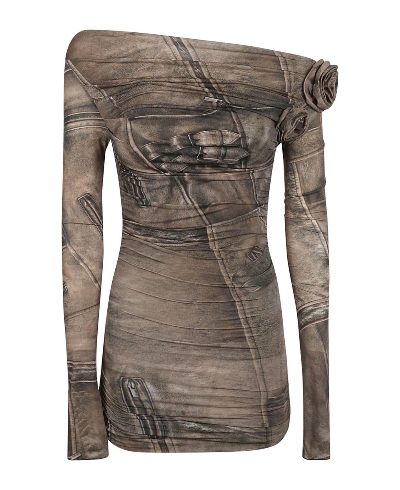 Blumarine Off-shoulder Printed Short Dress - Bronze/Green ワンピース＆ドレス