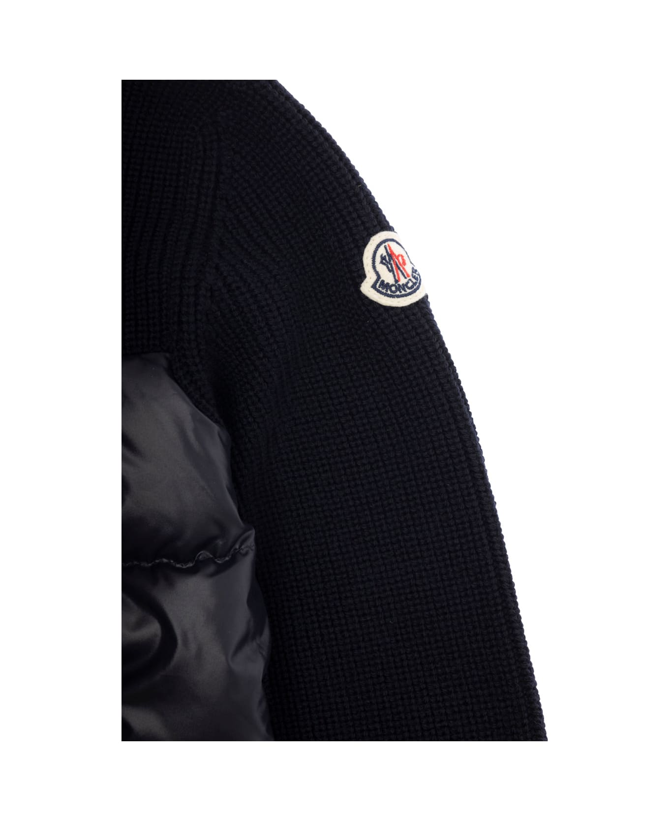 Moncler Black Hooded Cardigan With Logo Patch In Wool And Tech Fabric Boy