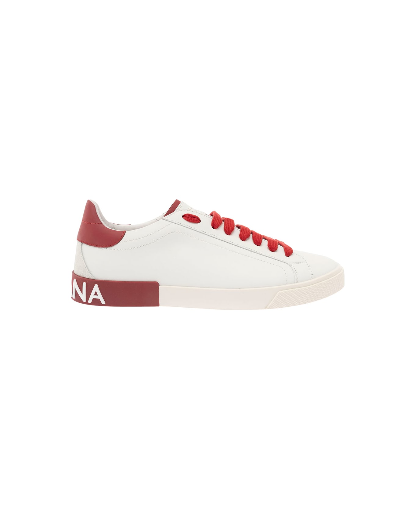Dolce & Gabbana 'portofino' White And Red Low Top Sneakers With Logo Patch In Leather Man - White
