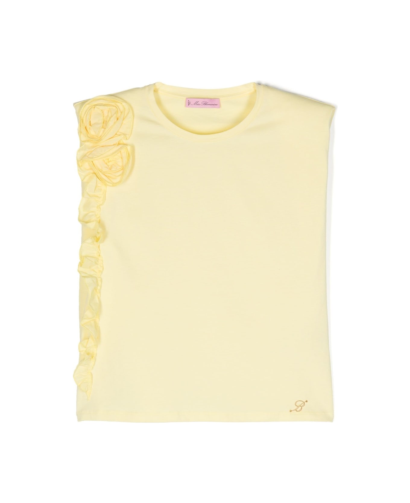 Miss Blumarine Pastel Yellow T-shirt With Flowers And Ruffles - Yellow