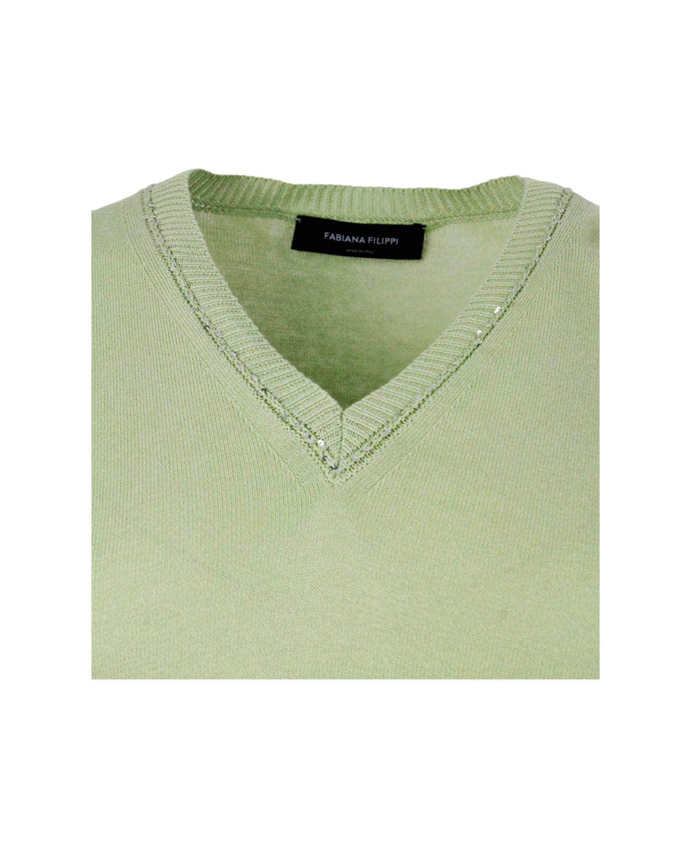Fabiana Filippi Sleeveless V-neck Sweater In Lightweight Cotton Embellished With Brilliant Applied Micro Sequins - Green