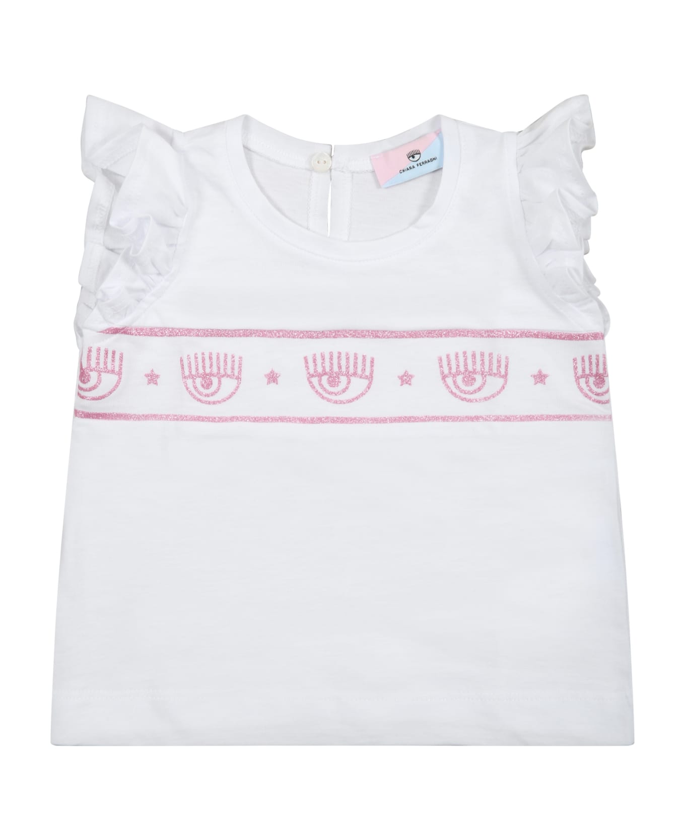 Chiara Ferragni White T-shirt For Baby Girl With Iconic Lurex Eyes - White