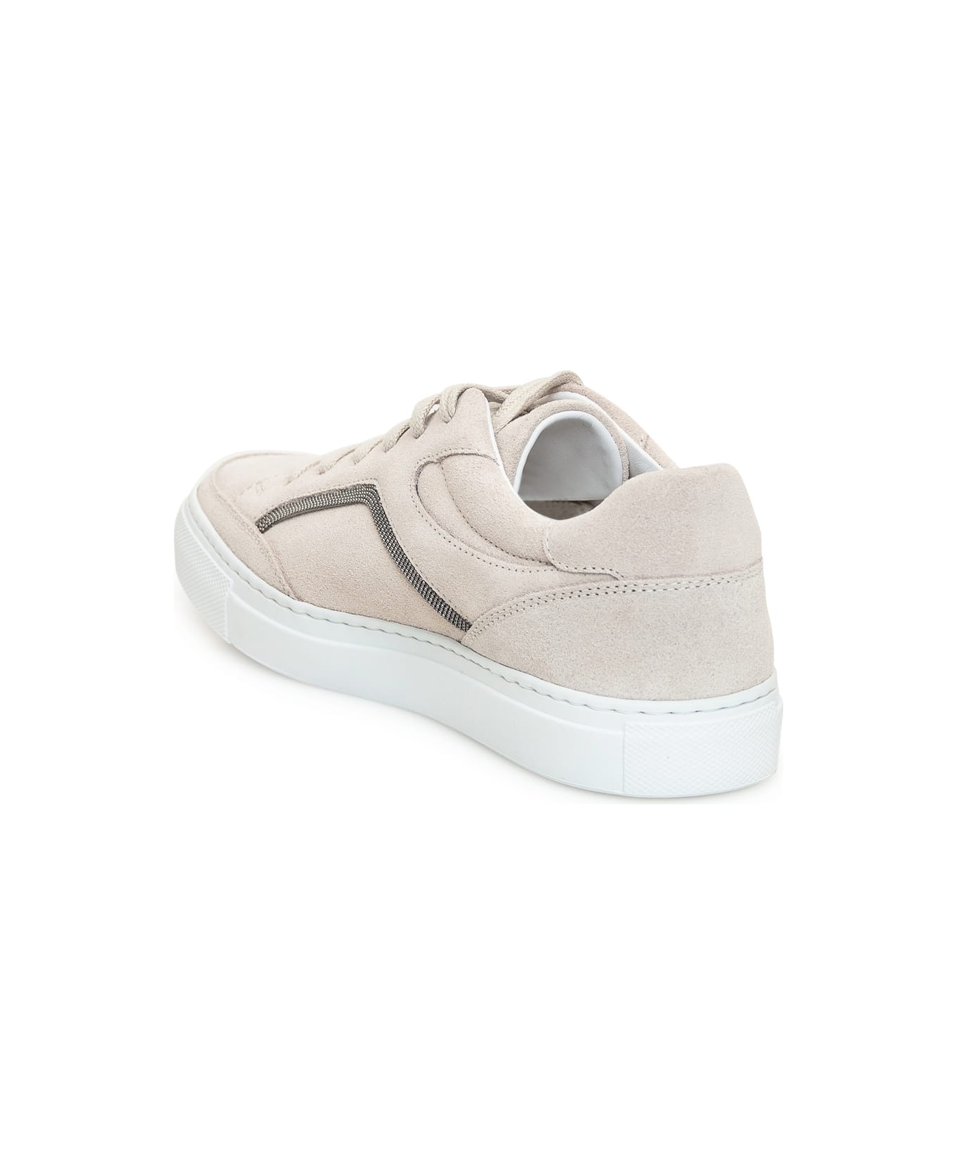 Brunello Cucinelli Suede Shoe Embellished With Threads Of Brilliant Monili On The Sides And Closure With Laces - Beige