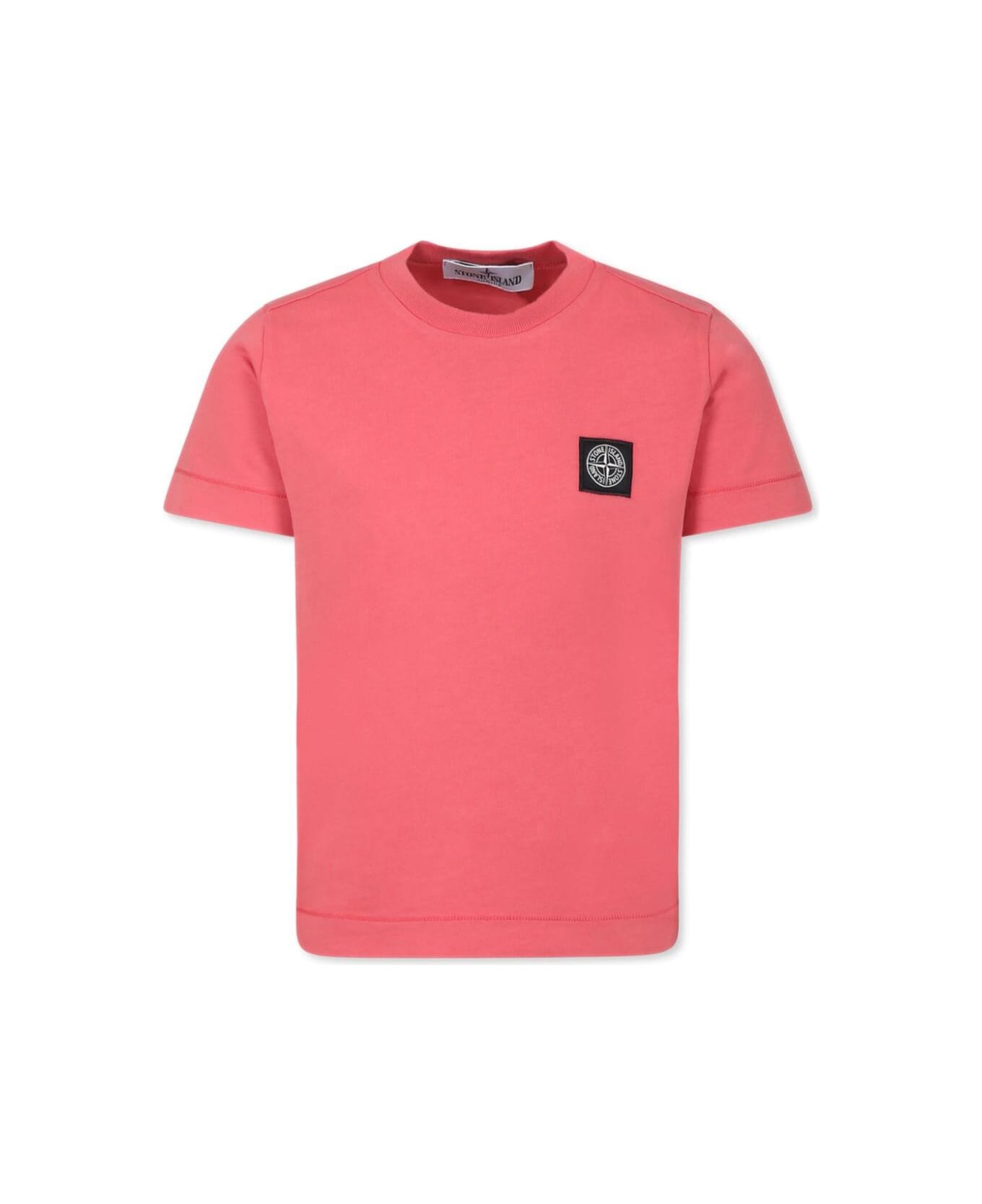 Stone Island Junior Red T-shirt With Round Neck And Logo Patch On The Front In Cotton Boy - Red