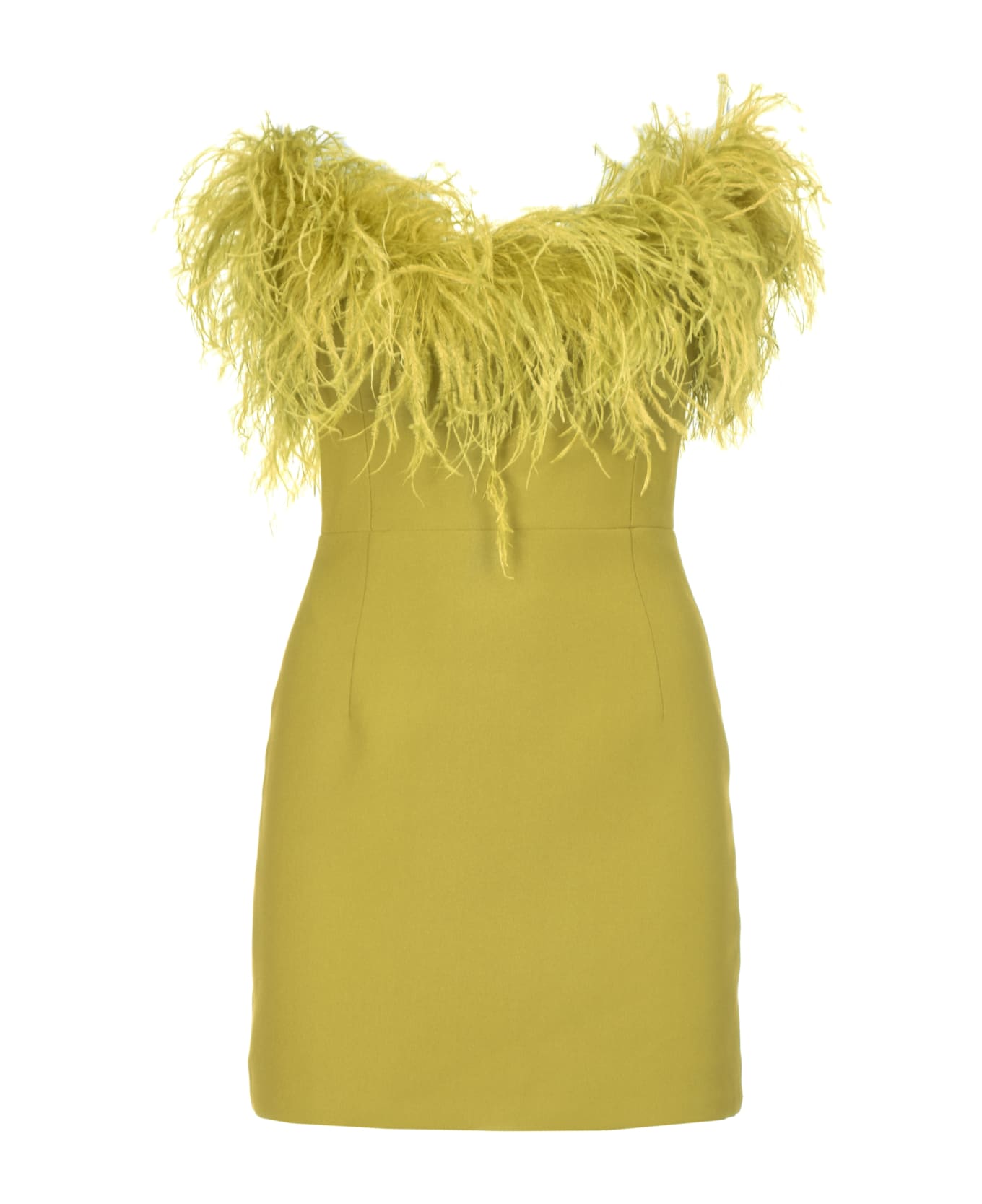 NEW ARRIVALS Short Dress With Feathers - Yellow