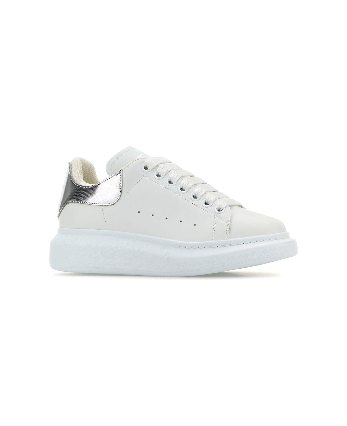 Alexander McQueen White Leather Sneakers With Silver Leather Heel - White