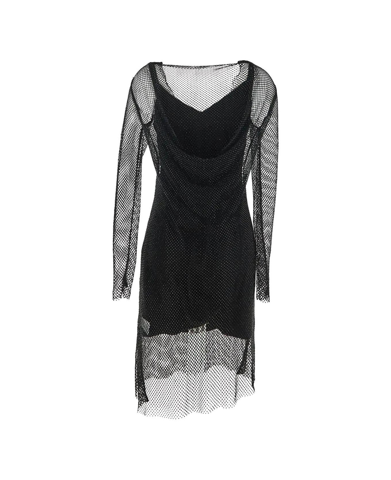 Max Mara Vezzo Short Embroidered Mesh Dress With Crystal - BLACK