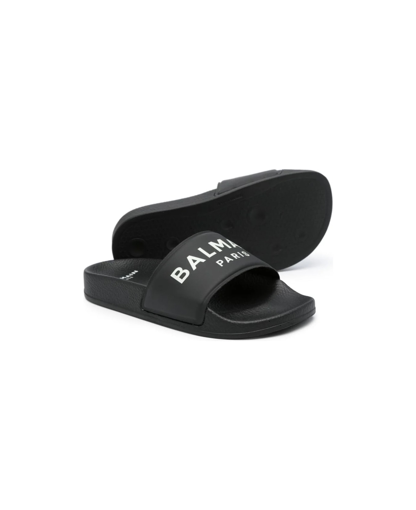 Balmain Black Slippers With Logo - Black