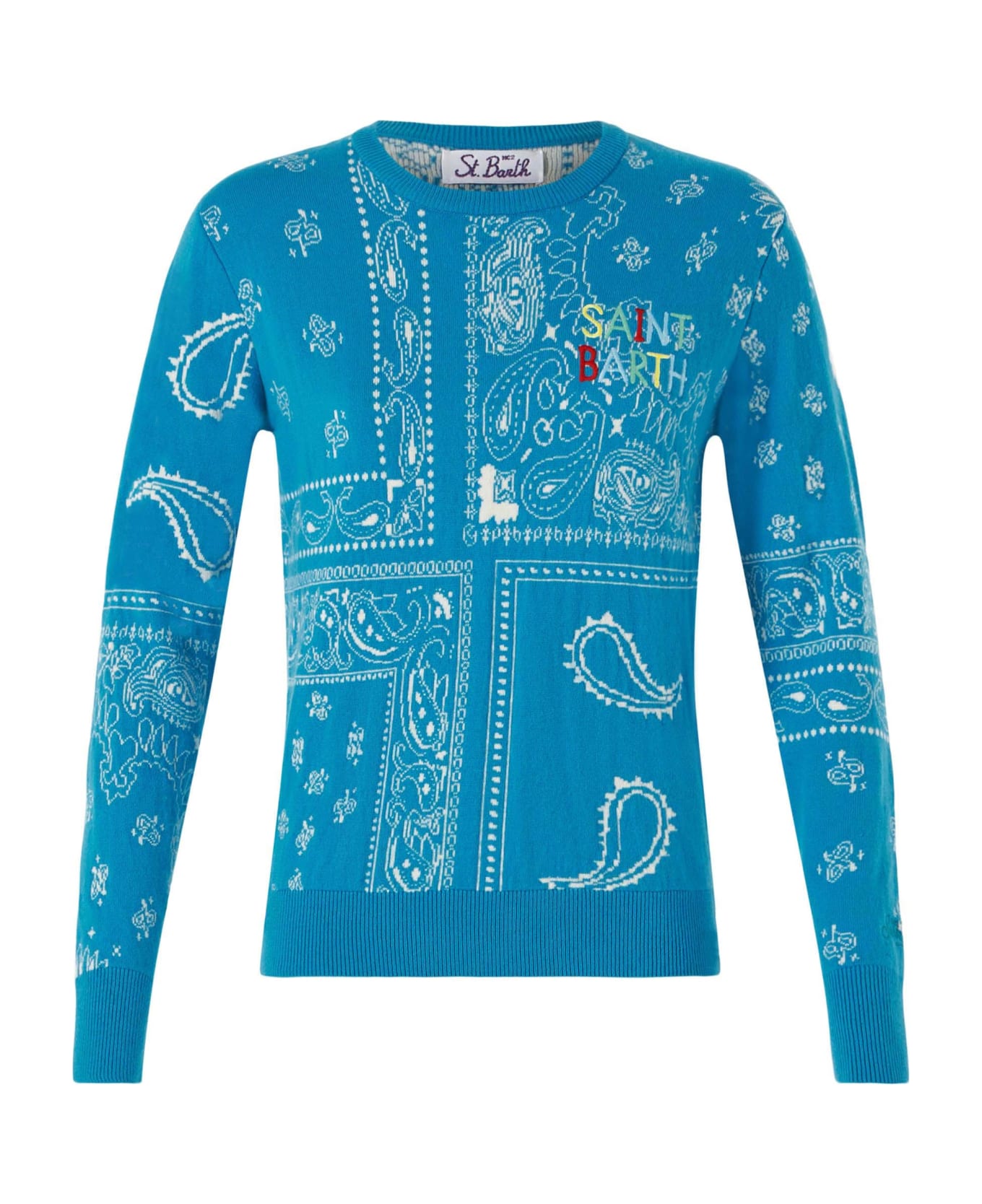 MC2 Saint Barth Woman Sweater With Bandanna Print And Saint Barth Embroidery - BLUE