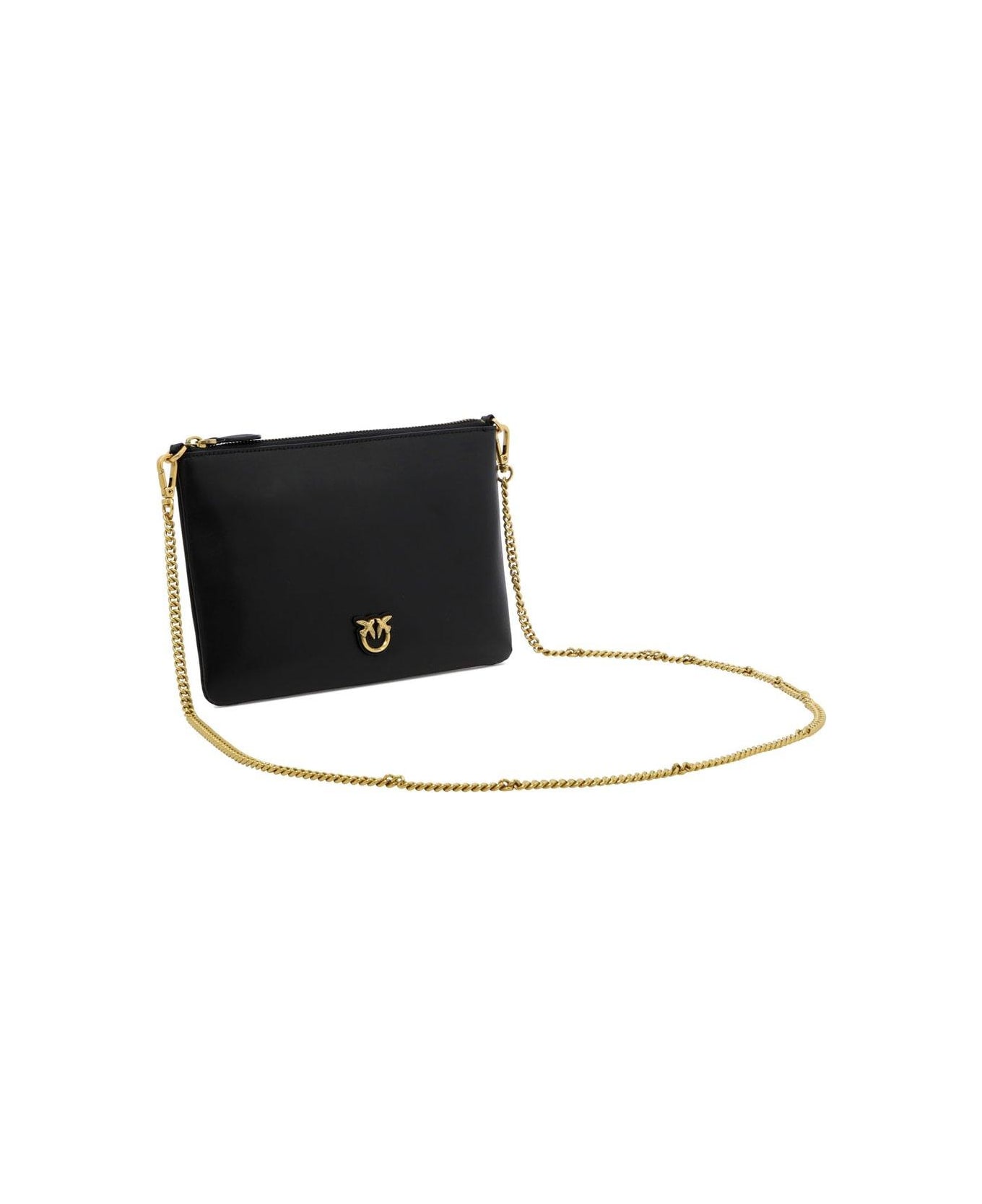 Pinko 'flat Love Bag' Black Shoulder Bag With Logo Patch In Smooth Leather Woman - black