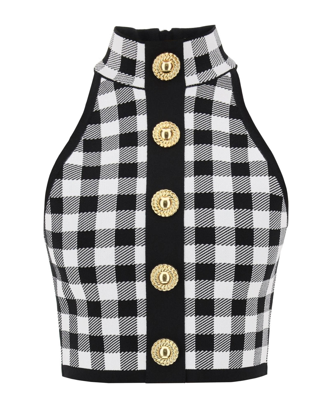 Balmain Gingham Knit Cropped Top With Embossed Buttons - Noir/blanc