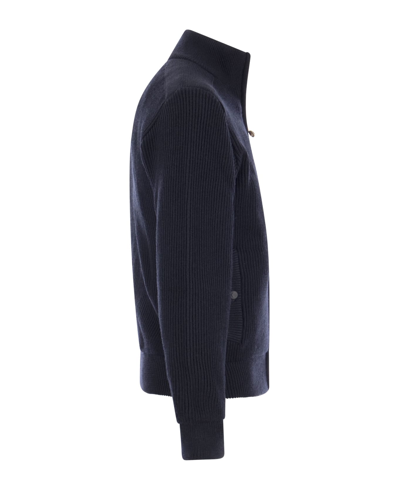 Paul&Shark Wool Cardigan With Zip And Iconic Badge - Navy
