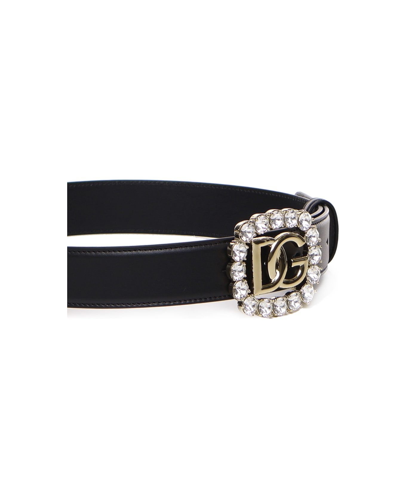 Dolce & Gabbana Calfskin Belt With Logo And Rhinestones - Black