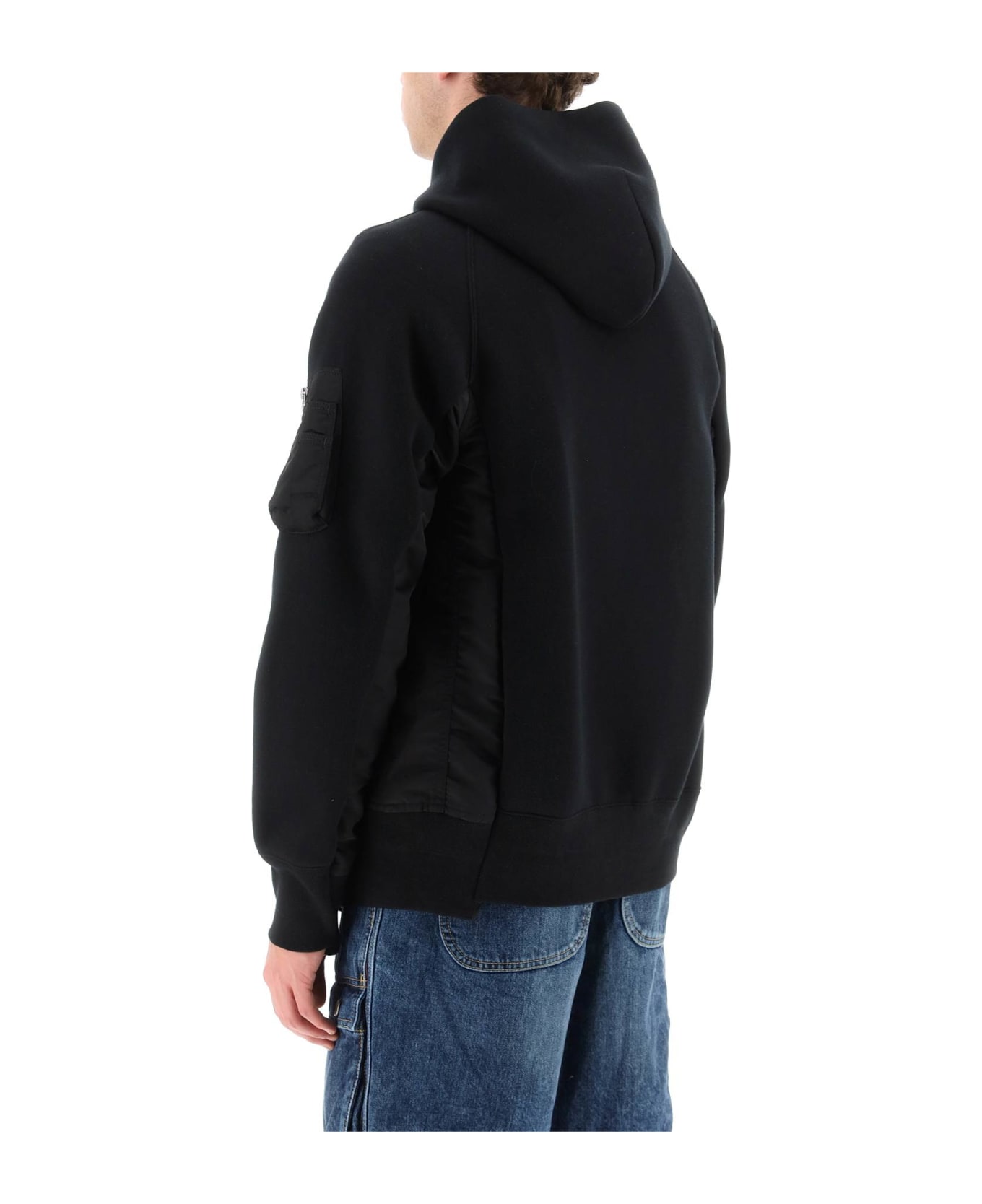 Sacai Oversized Zip-up Hoodie With Nylon Inserts - BLACK