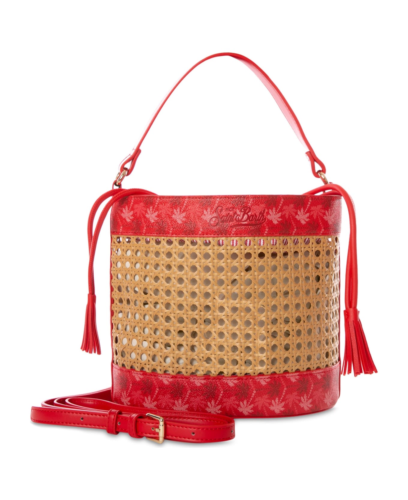 MC2 Saint Barth Straw Bucket Bag With Red Monogram Details - RED